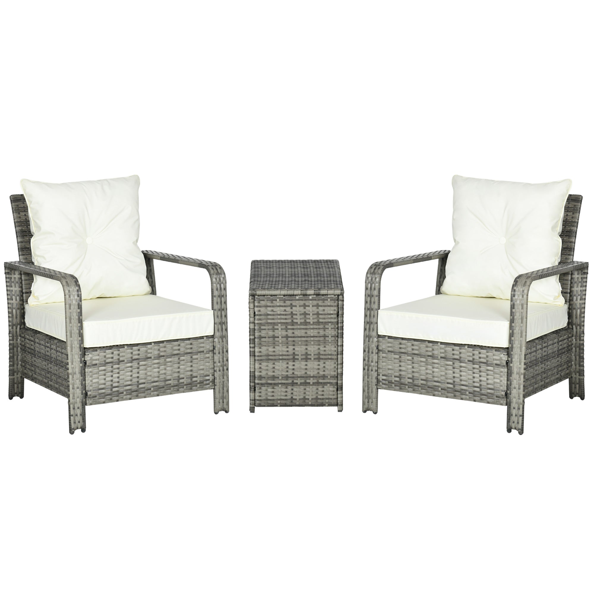 Outsunny 3 Pieces Patio Bistro Set, PE Rattan Garden Sofa Set with 2 Padded Chairs 1 Storage Table, Beige