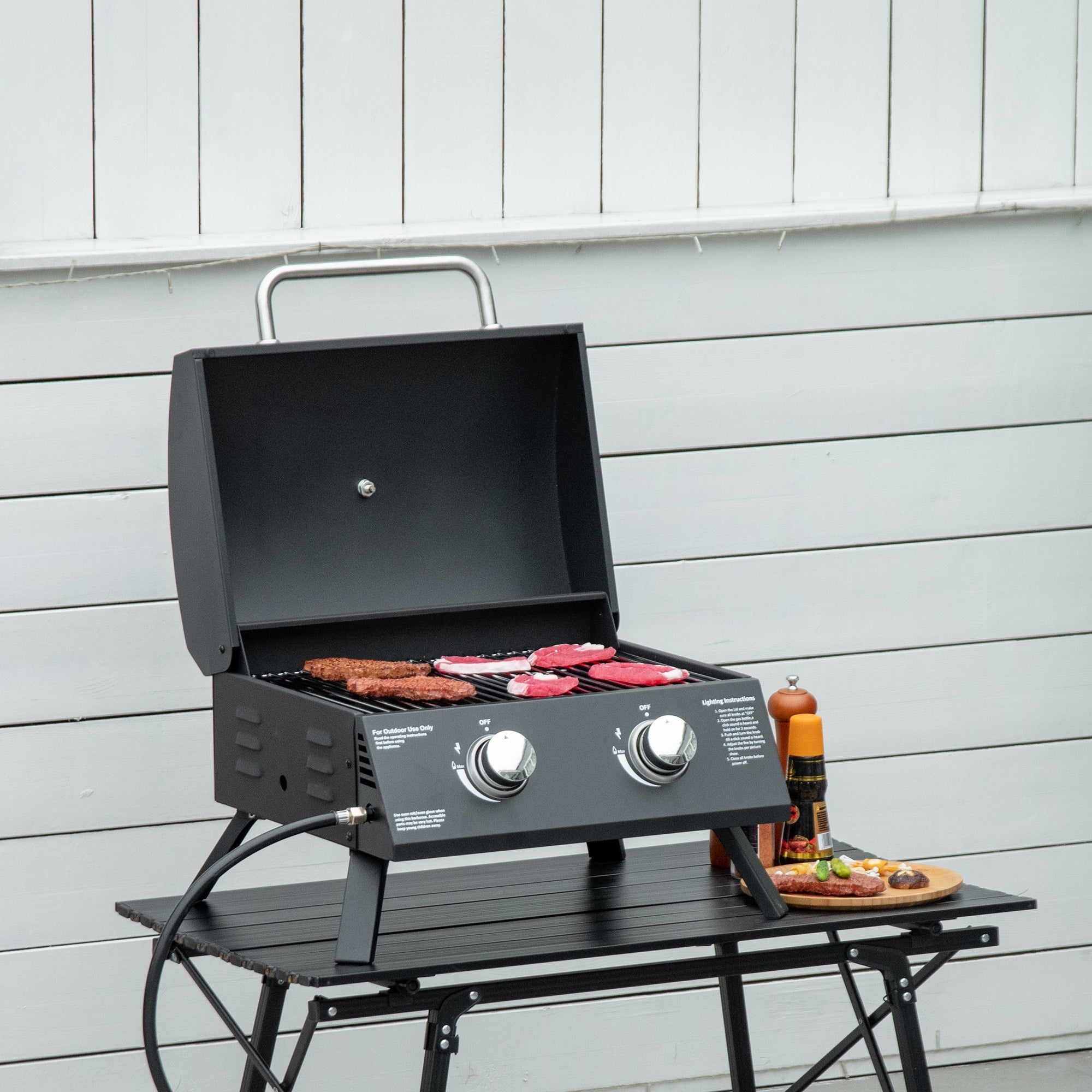 Outsunny 2 Burner Propane Gas Grill Outdoor Portable Tabletop BBQ with Foldable Legs, Black
