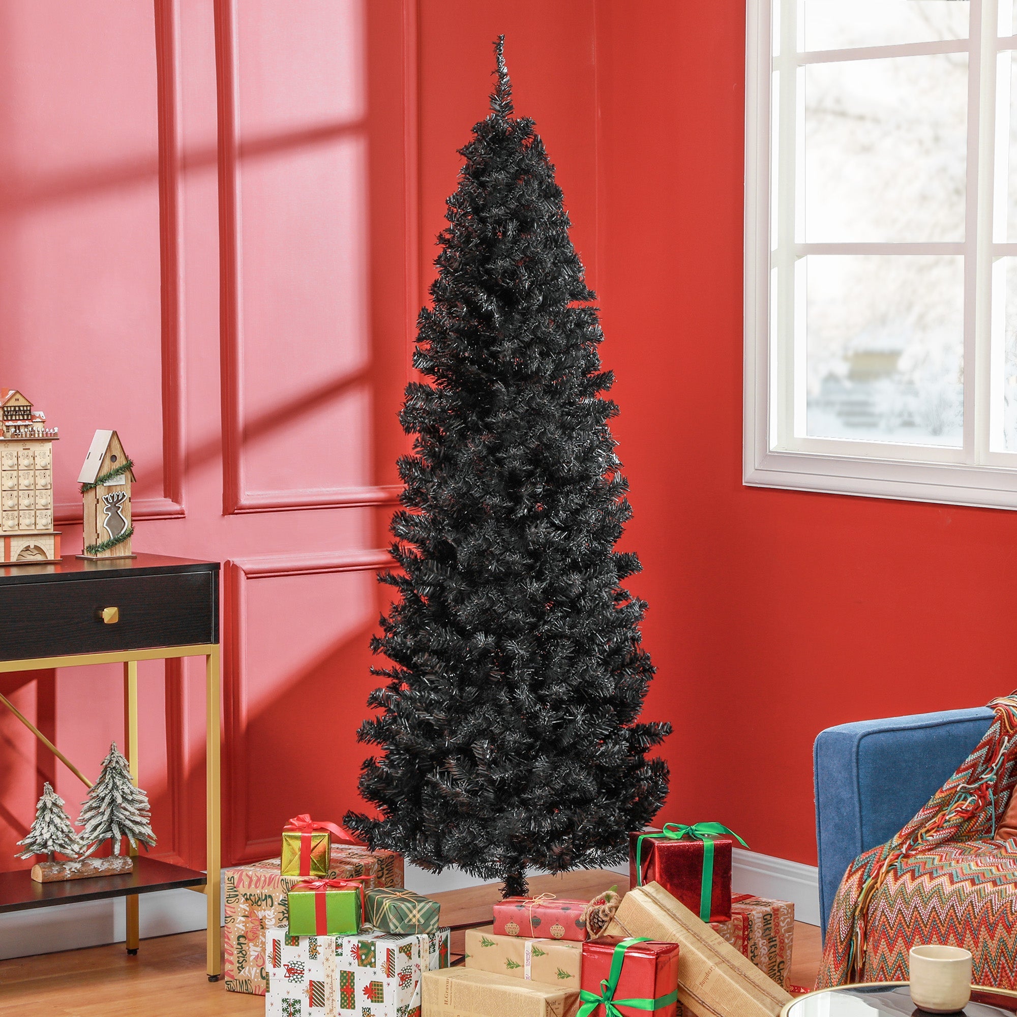 HOMCOM 6FT Pencil Christmas Tree, Artificial Christmas Tree with Automatic Open for Home Party, Black