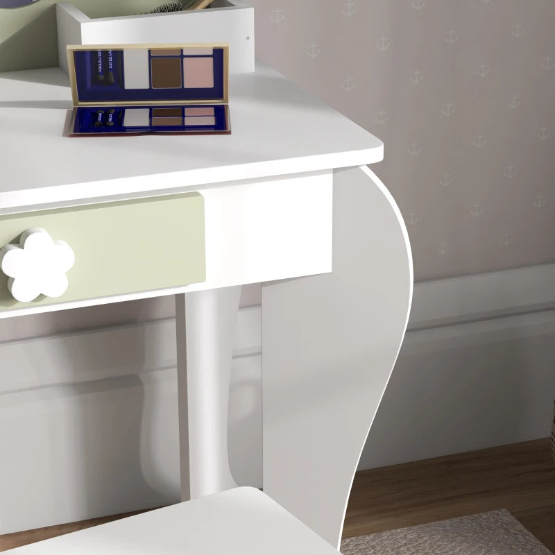 Qaba Kids Makeup Vanity Set with Stool, Mirror, Drawer, Storage Boxes, White