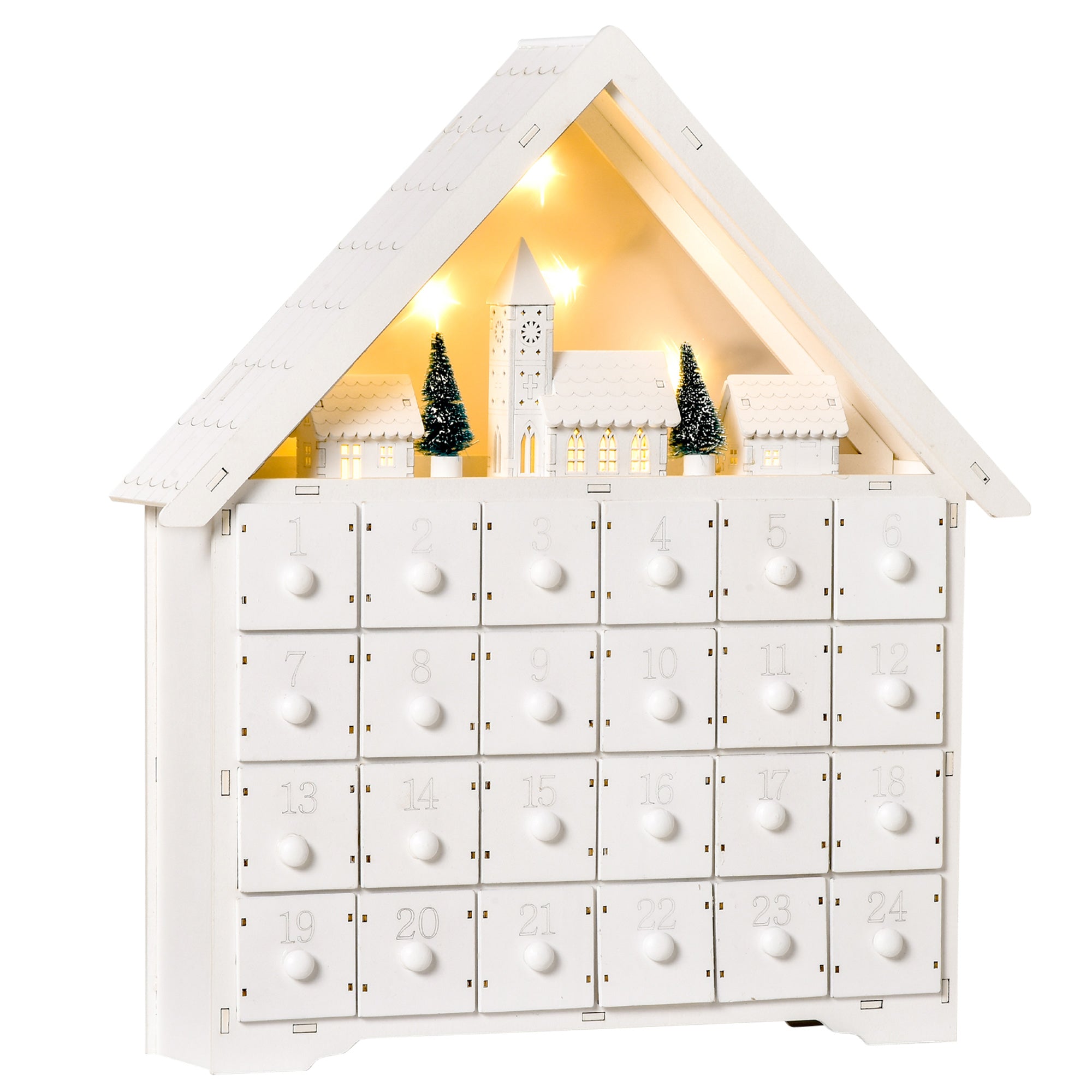 HOMCOM Light-Up Christmas Advent Calendar, Wooden Xmas House, Holiday Countdown with Drawer, Village Theme, White