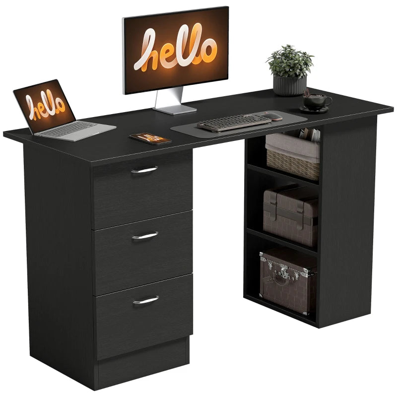 Computer Desk, 47" Writing Table with 3-Tier Shelves and 3 Reversible Drawers for Home Office, Bedroom, Black