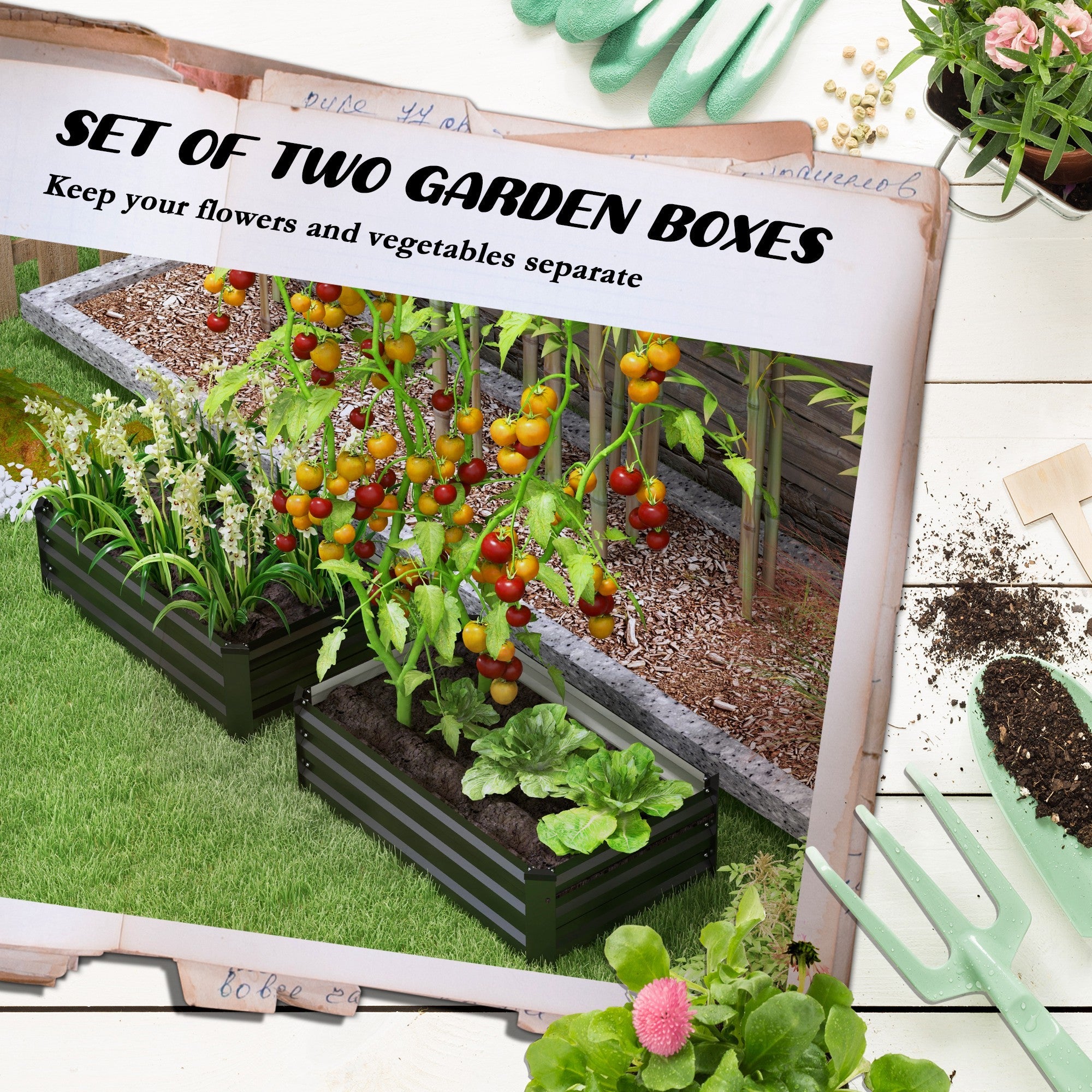 Outsunny Set of 2 Galvanized Raised Garden Beds in Grey - Outdoor Planter Boxes for Flowers, Herbs & Vegetables