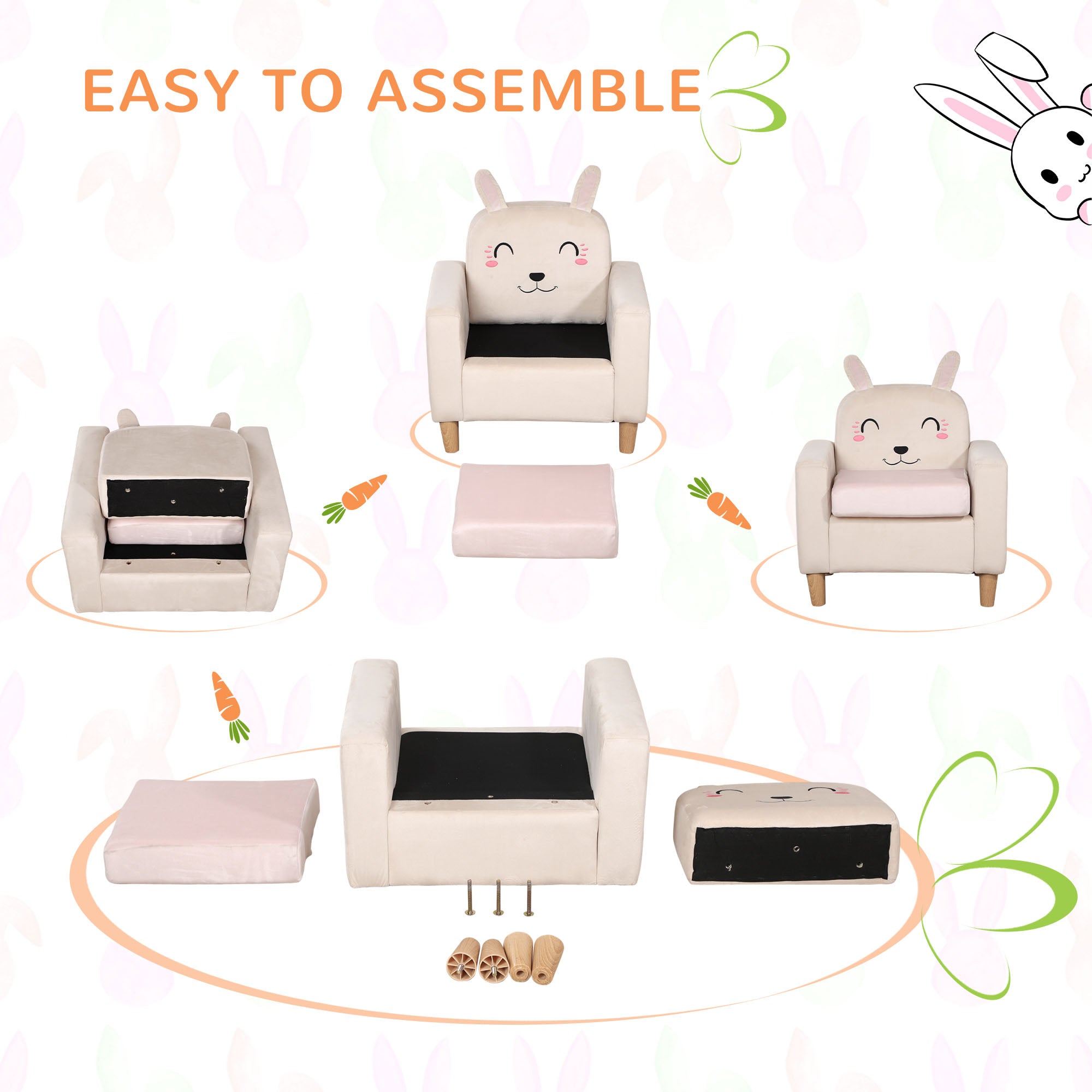 Qaba Kids Sofa: Charming Rabbit Ear Design, Sturdy Wooden Legs, Perfect for Preschool & Bedroom - Cream