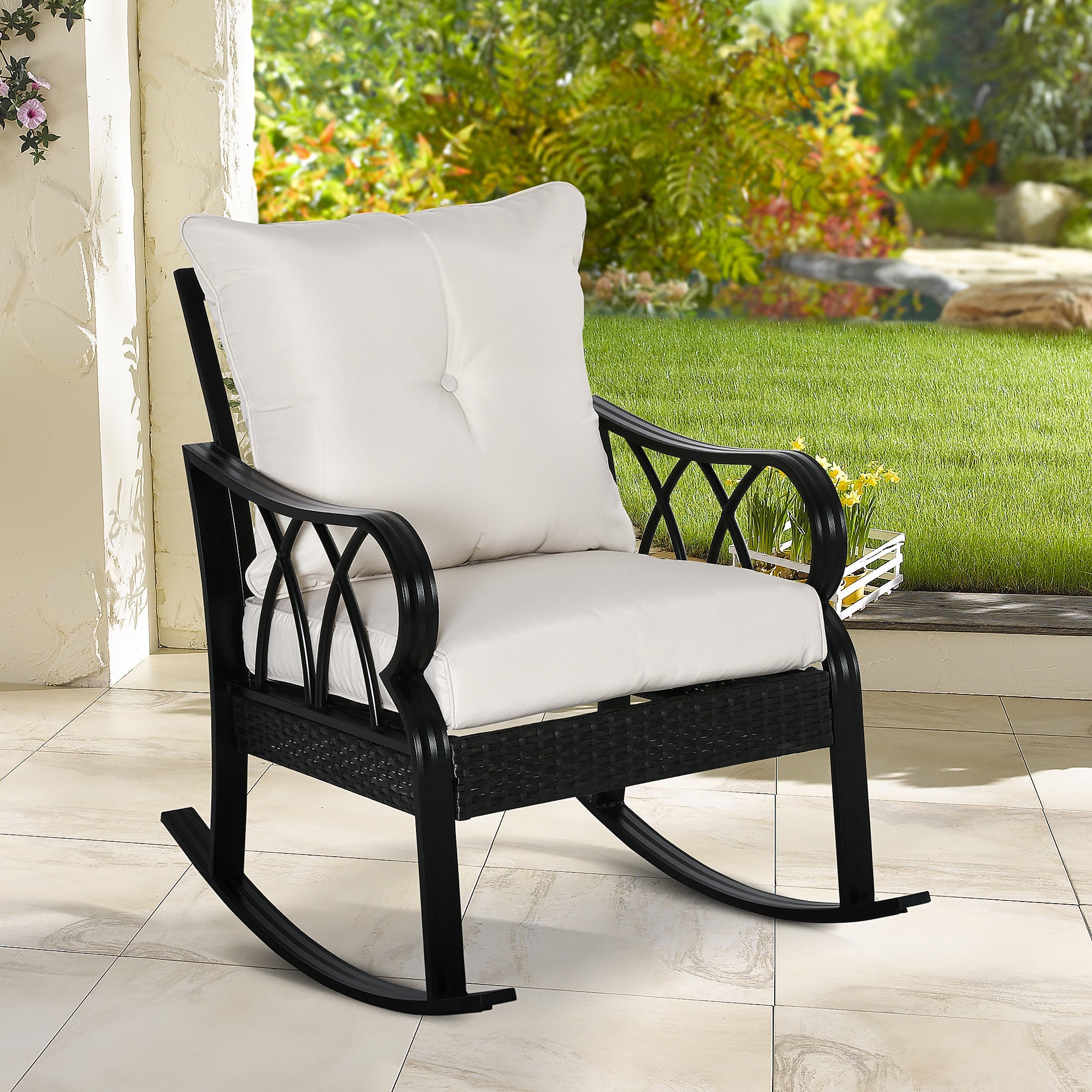 Outsunny Wicker Rocking Chair Outdoor with Cushions for Garden Patio Backyard Khaki