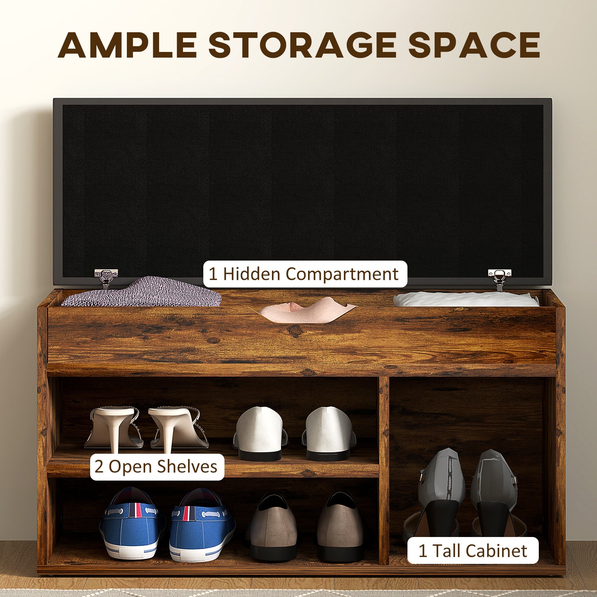 HOMCOM Shoe Bench Entryway Storage Rack with Padded Cushion, Hidden Storage for Hallway, Living Room, Rustic Brown