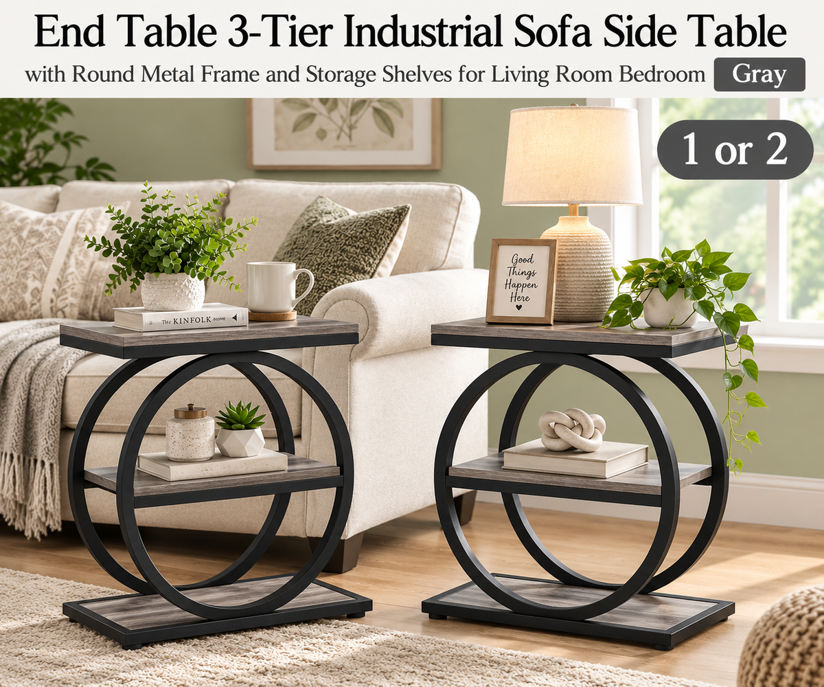End Table 3-Tier Industrial Sofa Side Table with Round Metal Frame and Storage Shelves for Living Room Bedroom – Set of 1 or 2 – Gray