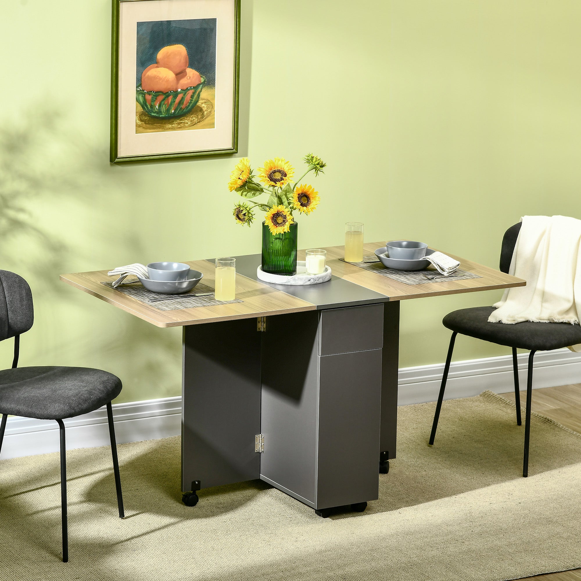 HOMCOM Extendable Dining Table Drop Leaf Design 2 Drawers Storage Cabinet Folding Space-Saving 6 Wheels