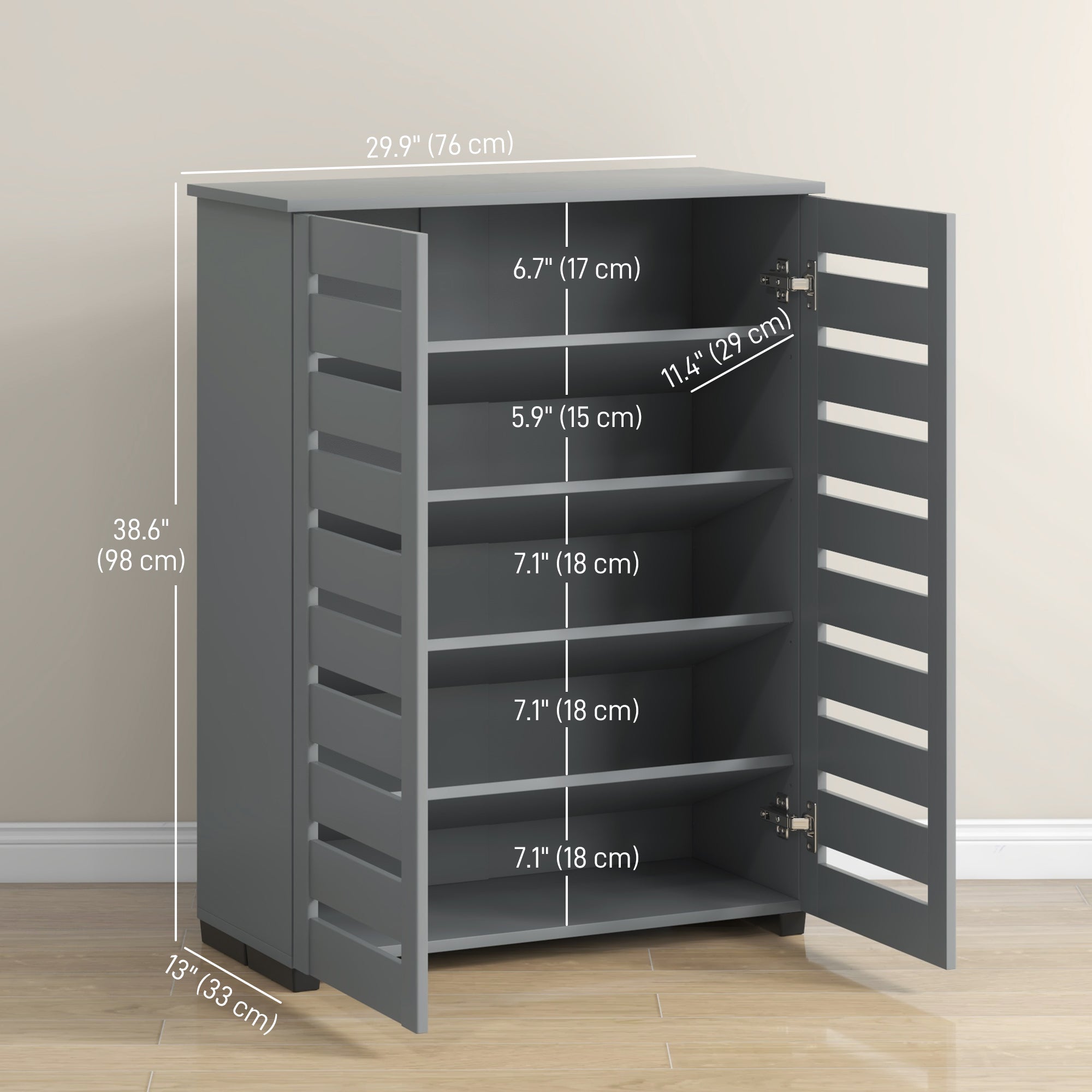 HOMCOM Shoe Storage Cabinet, Shoe Cabinet with 2 Slatted Doors for 15 Pairs of Shoes, Dark Grey