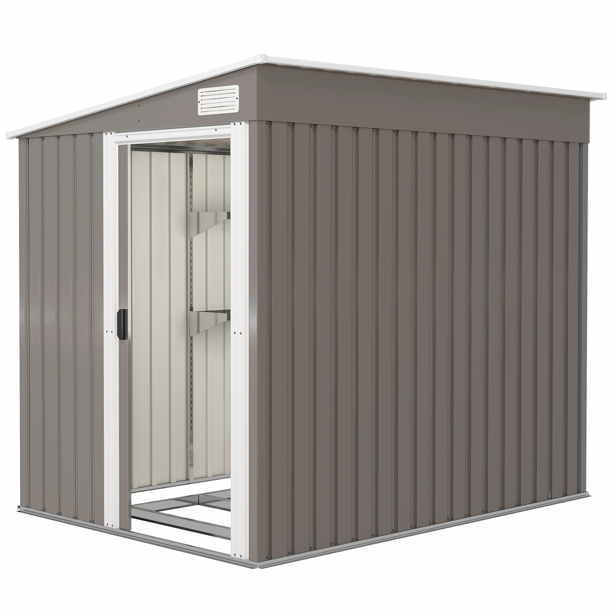 Outsunny 5'x7' Lean to Galvanized Metal Shed with Foundation, Garden Tool Storage House w/ Sliding Door and 2 Vents, Light Grey
