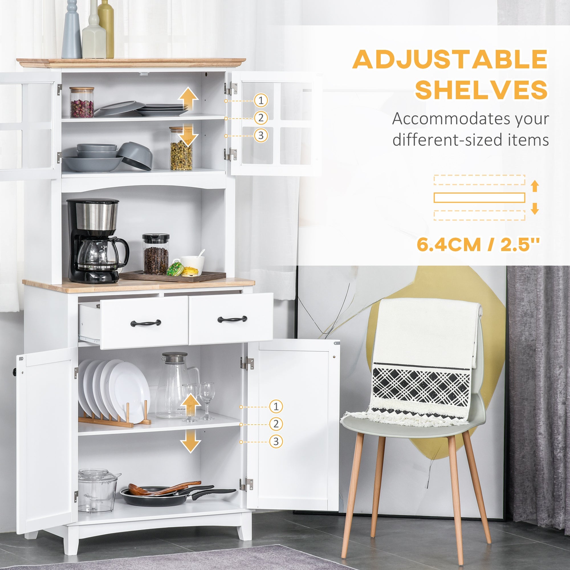 HOMCOM 68" Traditional Kitchen Pantry Storage Cabinet Cupboard Buffet Hutch Wooden Framed Glass Door Freestanding