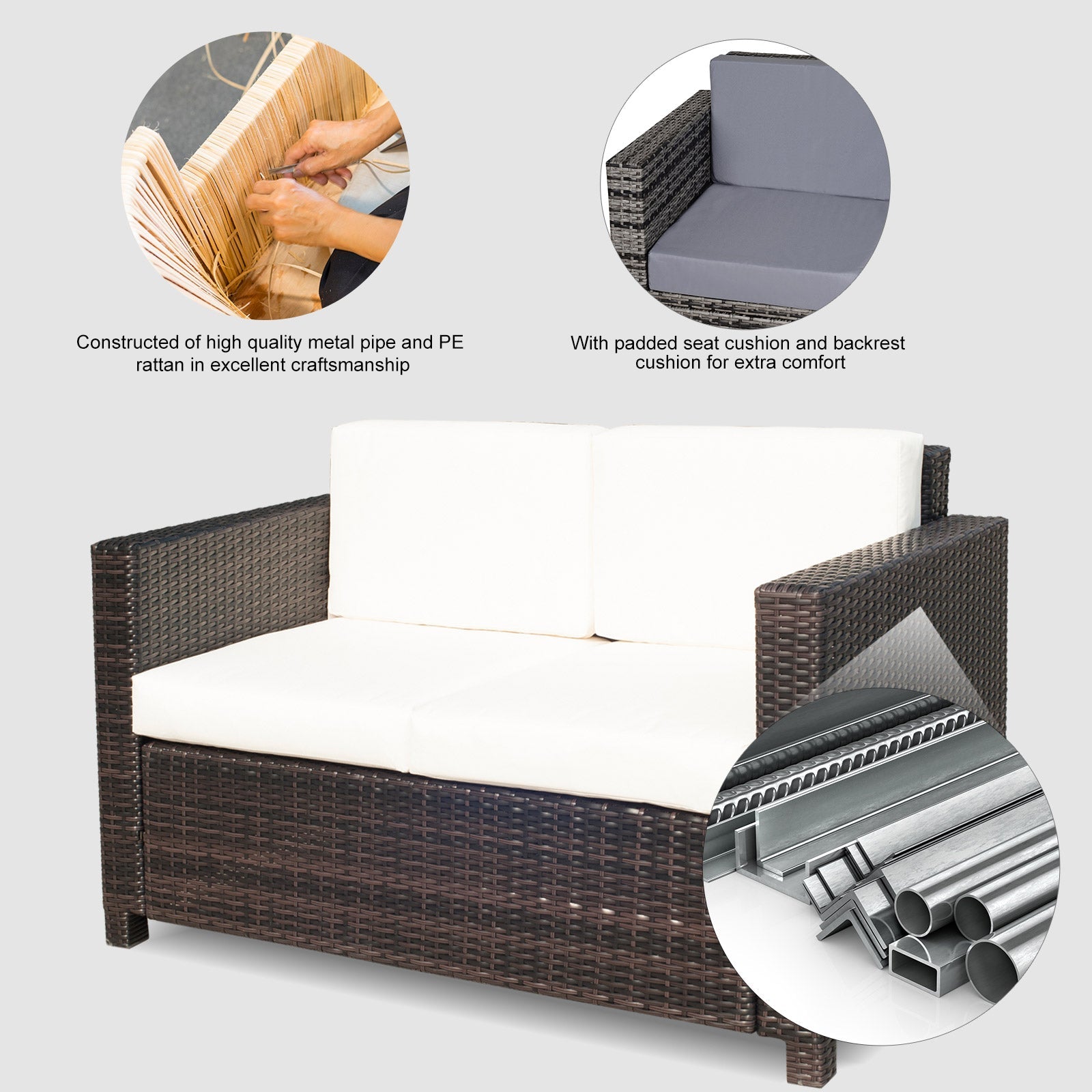 Outsunny Deluxe 2 Seat Rattan Wicker Sofa Garden Cushioned Brown