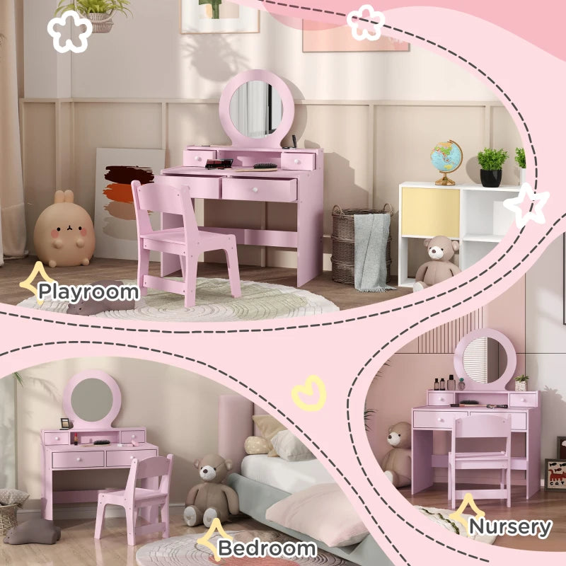 Qaba Kids Vanity Set, Children Makeup Table with Mirror, Stool and Storage Drawers, for Ages 3-8, Pink