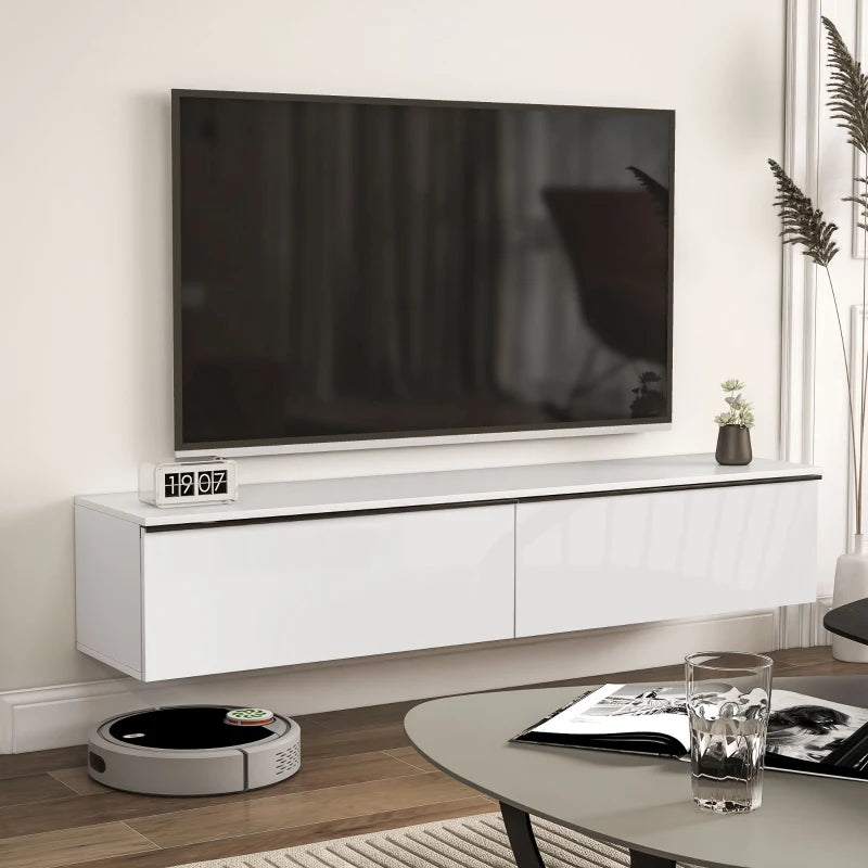 Wall Mounted TV Stand, Floating TV Cabinet for up to 70" TVs with Storage, High Gloss Effect, White