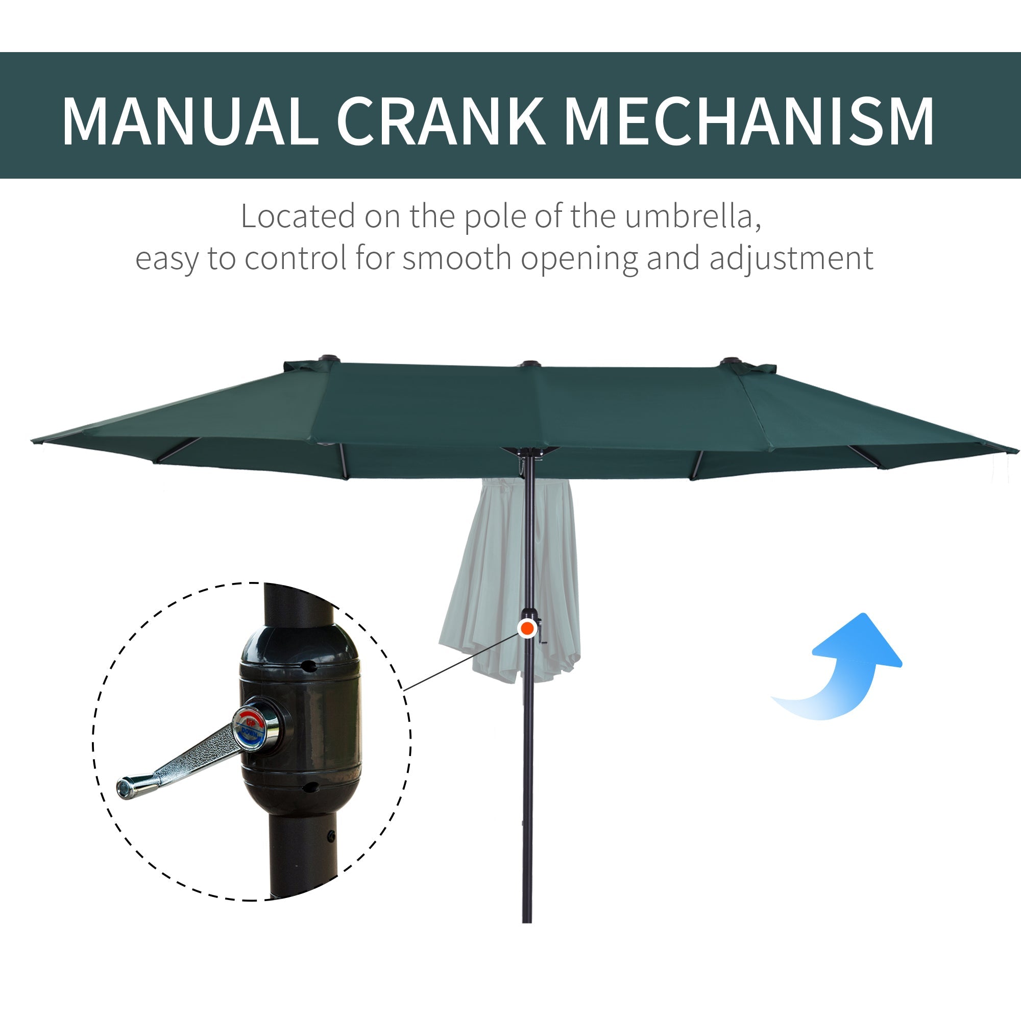 Outsunny 15' Outdoor Patio Umbrella with Twin Canopy Sunshade Steel Table Umbrella with Lift Crank Dark Green