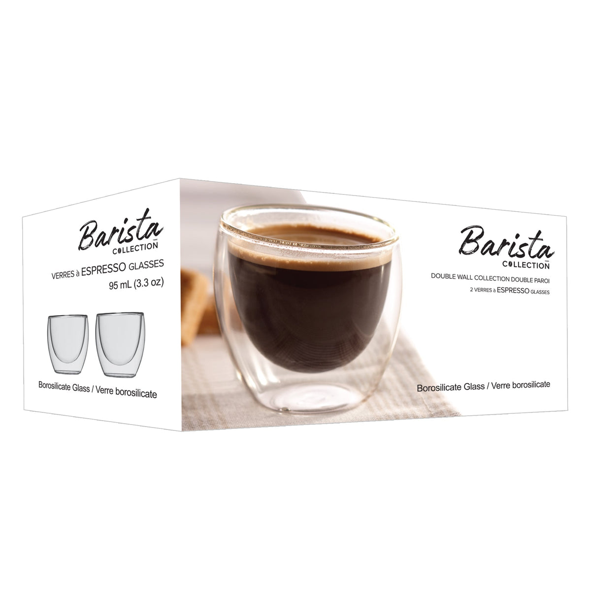 Espresso Insulated Double-Wall Glass Coffee Tea Hot or Cold Beverage Mug 2 Piece Set 95ml, Barista