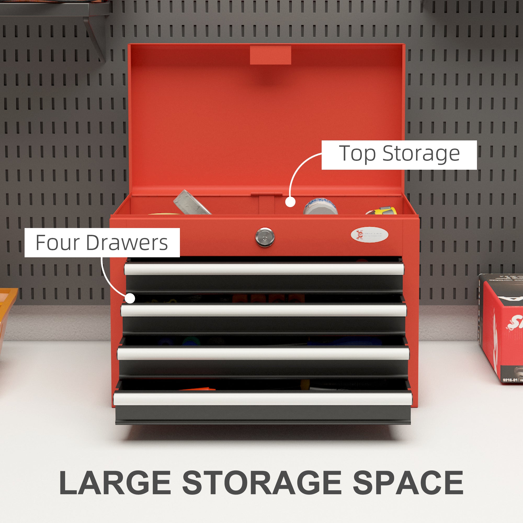 DURHAND Lockable Tool Chest Supremacy: Portable 4 Drawers Top Storage Steel Box with Latch and Keys for Garage, Red Finish