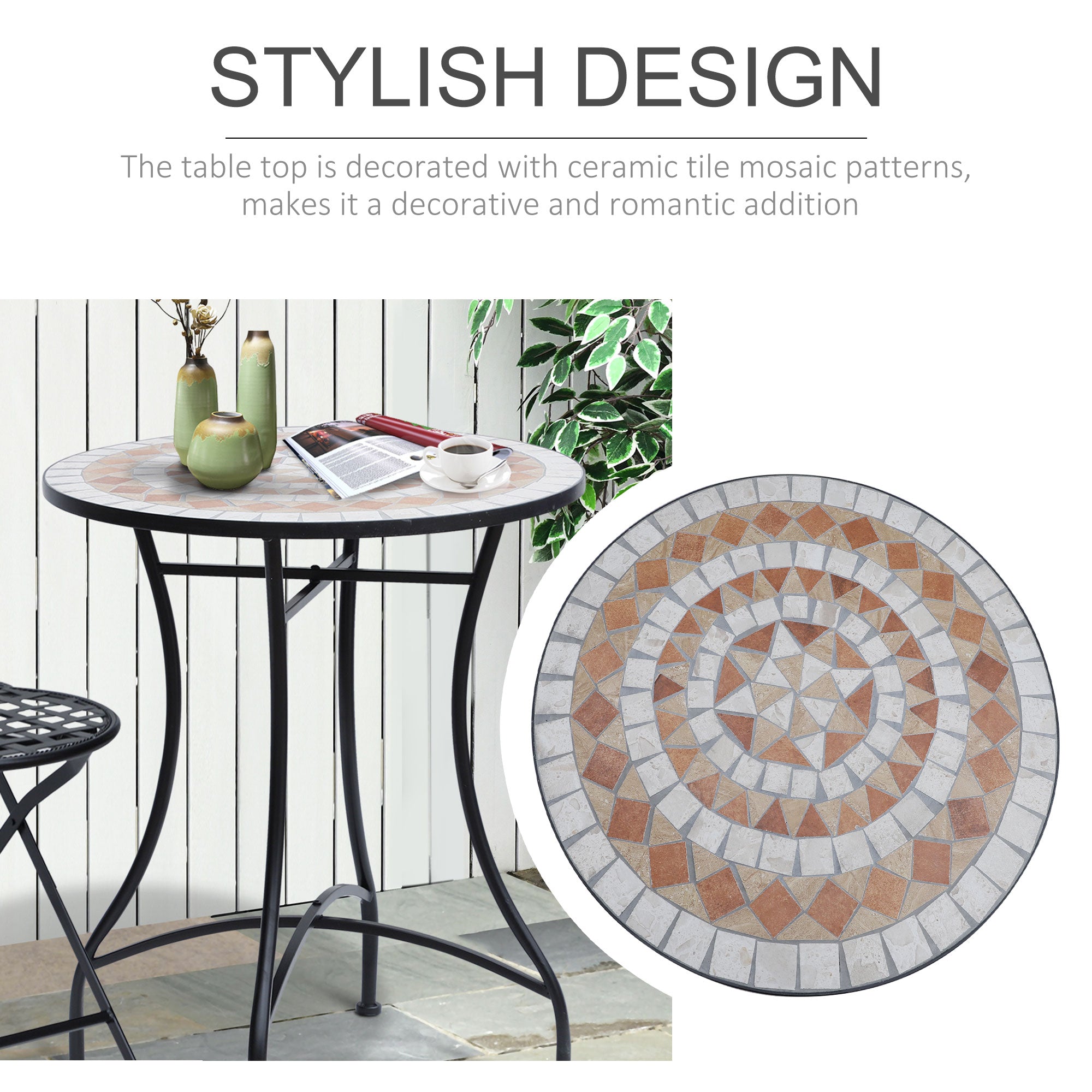 Outsunny 23.5" Mosaic Round Patio Table Metal Bistro Coffee Outdoor Furniture Ceramic Top Garden Lawn