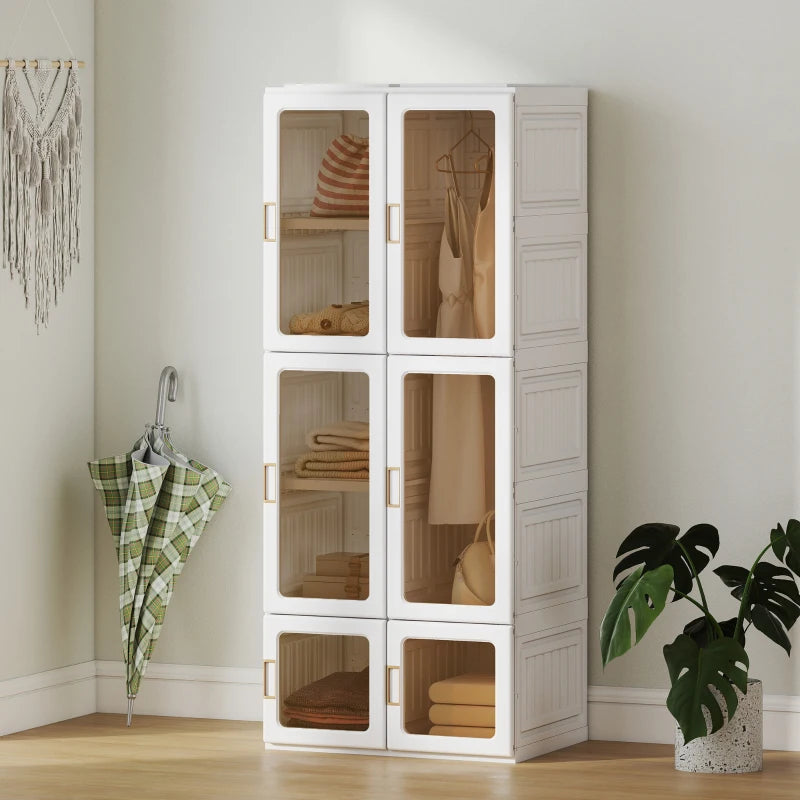 Portable Wardrobe, Foldable Plastic Closet with 6 Compartments, Hanging Rod and Magnetic Doors, White
