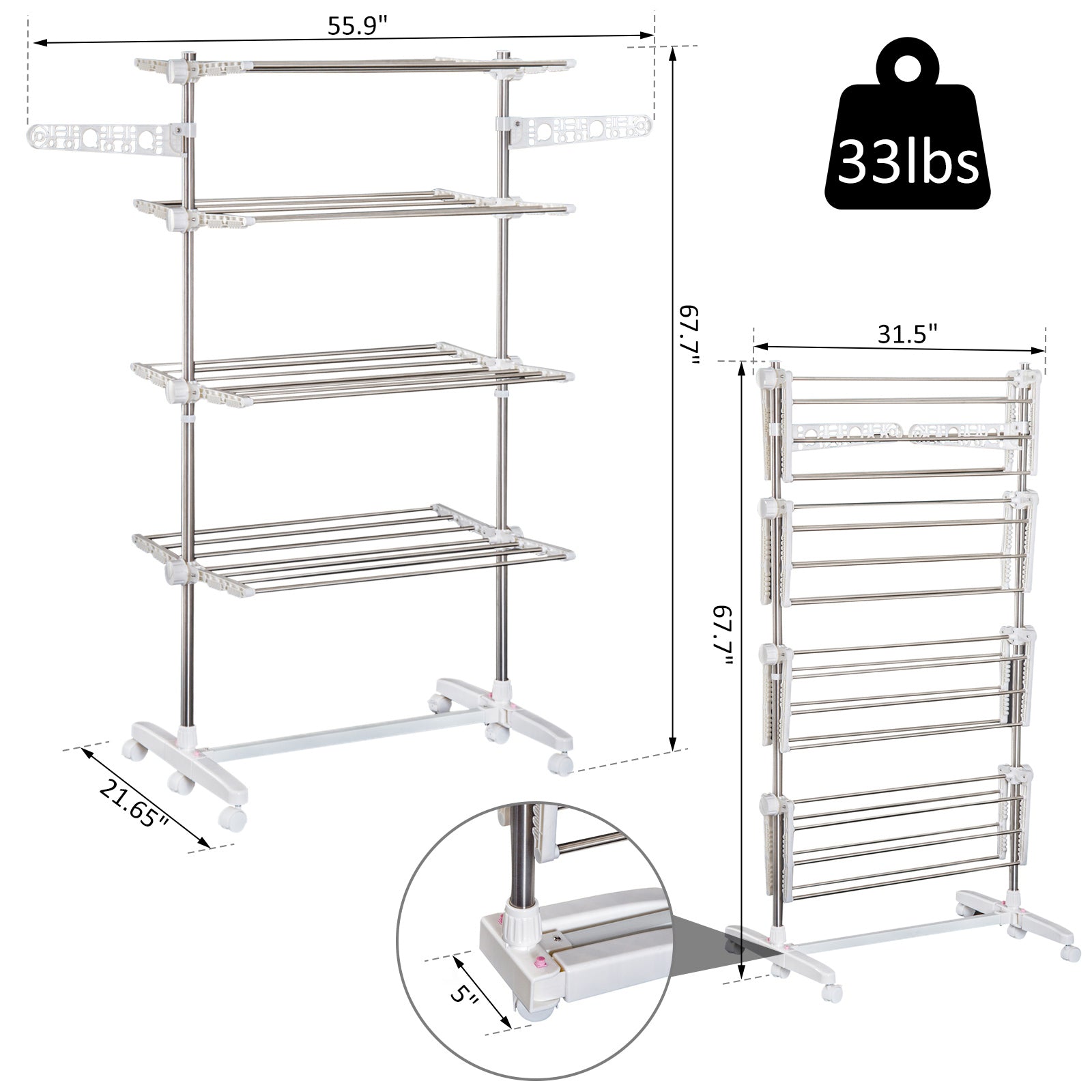 HOMCOM laundry drying rack Rolling Foldable Clothes Drying Rack Heavy-Duty Towel Holder w/ 4 Layers Stainless Steel Hanging Rods