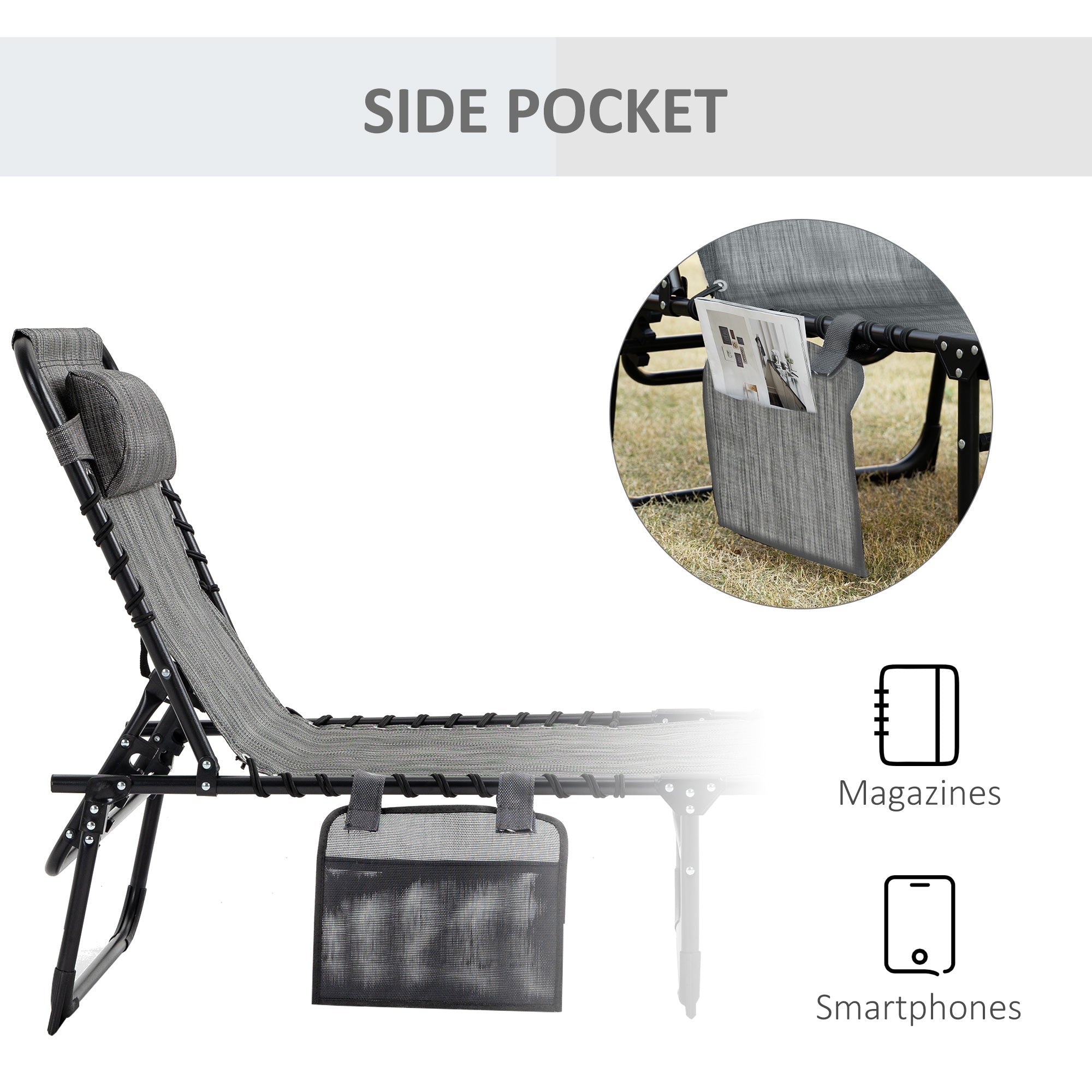 Outsunny Outdoor Folding Chaise Lounge, Reclining Lounge Chair with Adjustable Backrest and Removable Pillow, Mixed Grey