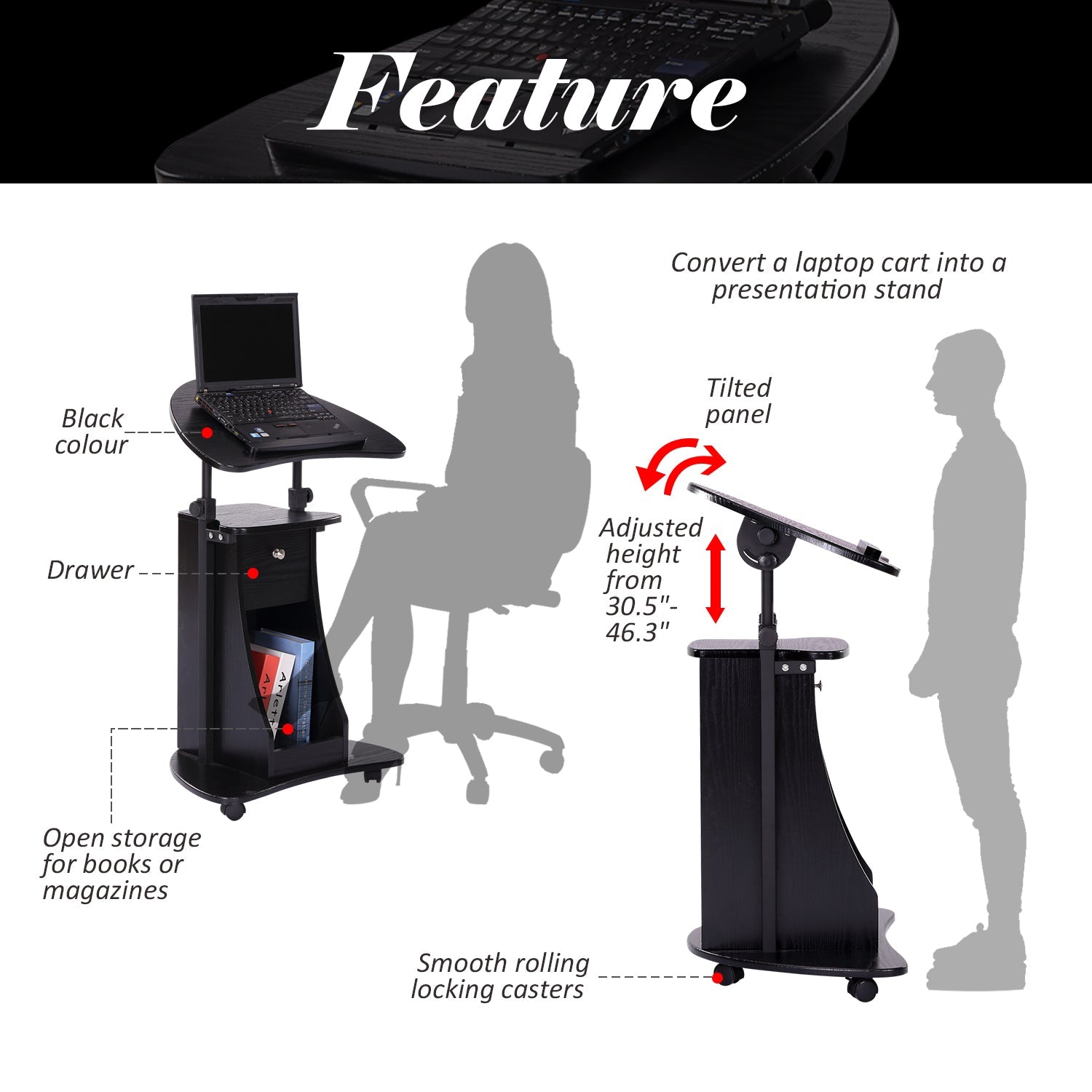 HOMCOM Deluxe Adjustable Rolling Laptop Cart Presentation Stand Black