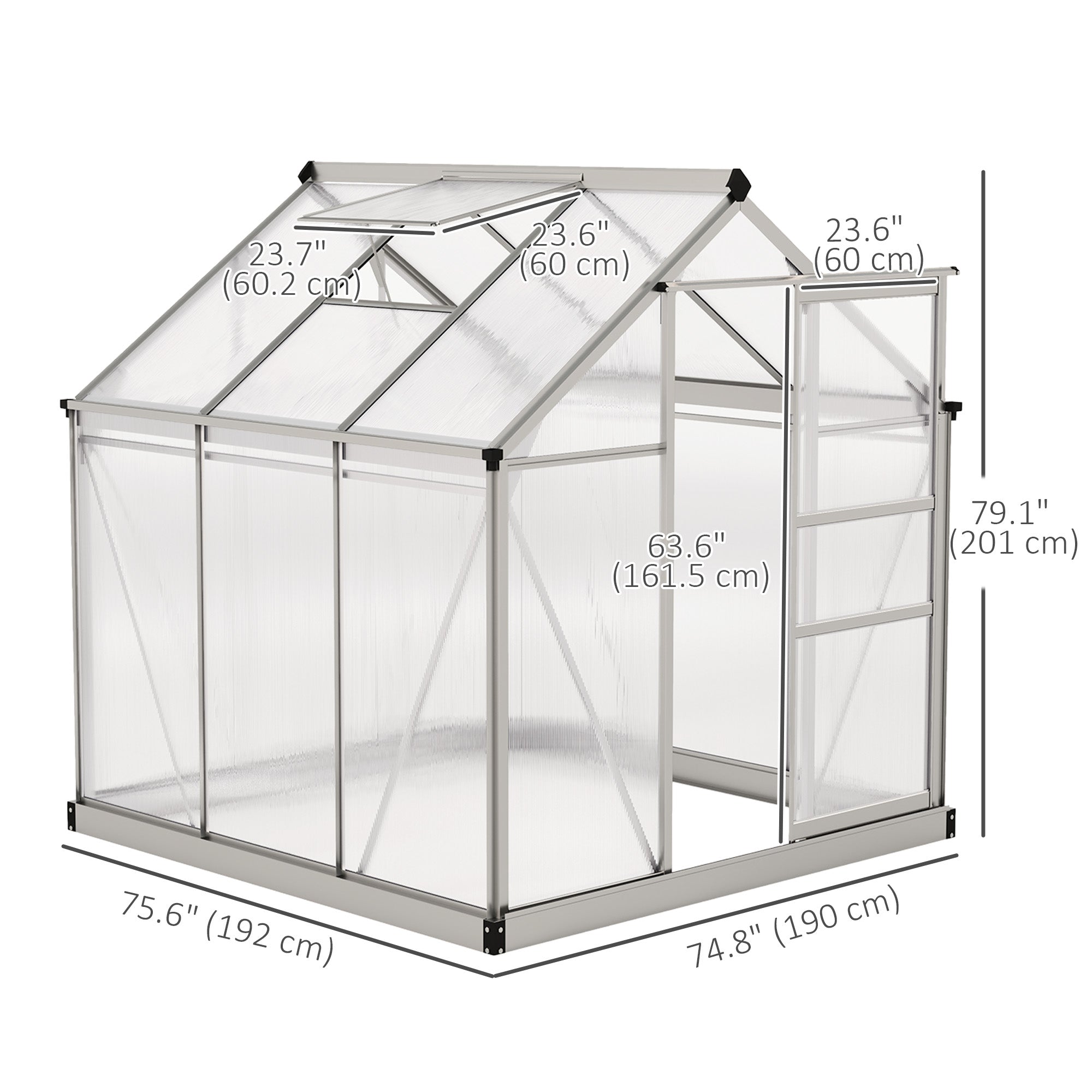 Outsunny 6' x 6' x 6.6' Polycarbonate Greenhouse, Walk-In Green House Kit Garden, Plants Grow, Galvanized Sheet Aluminum Frame with Rain Gutter, Vent and Sliding Door, Silver