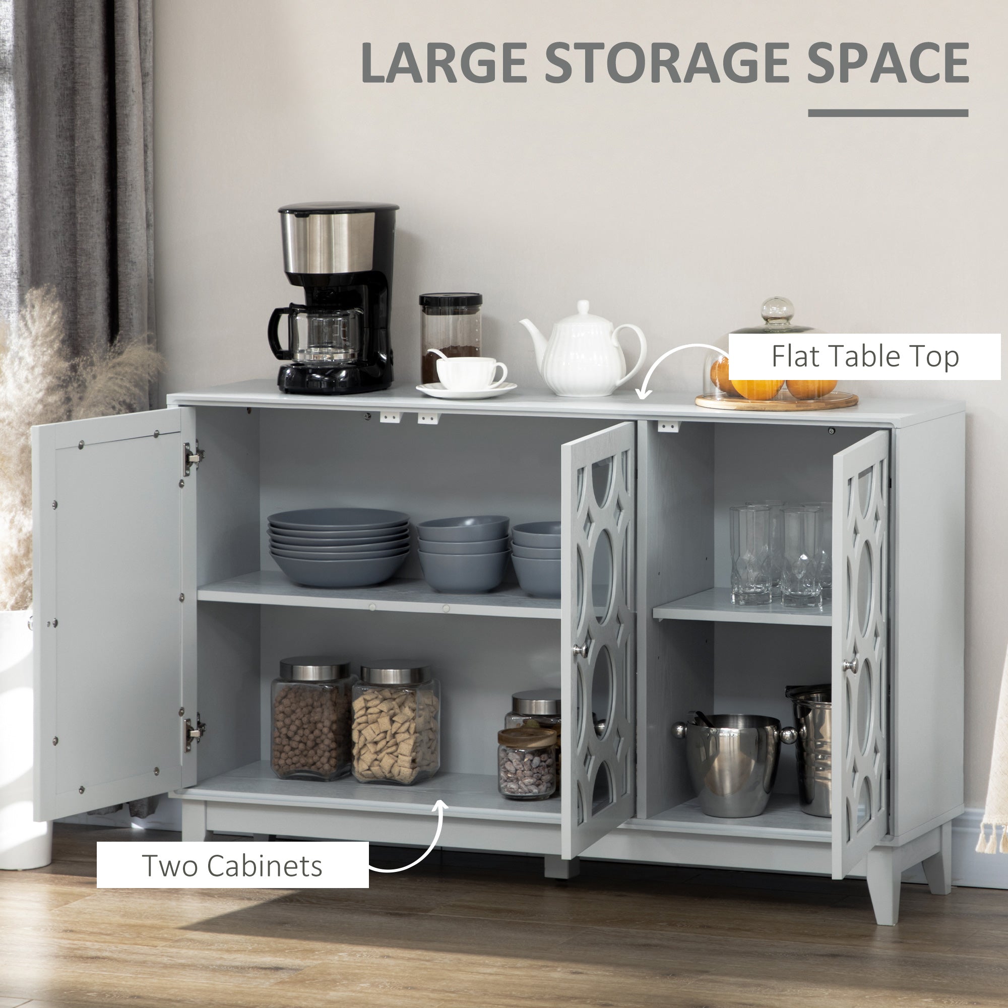 HOMCOM Grey Mirrored Door Buffet Table: Sideboard Kitchen Bar Cabinet with 3 Doors, 2 Cabinets and Adjustable Shelf