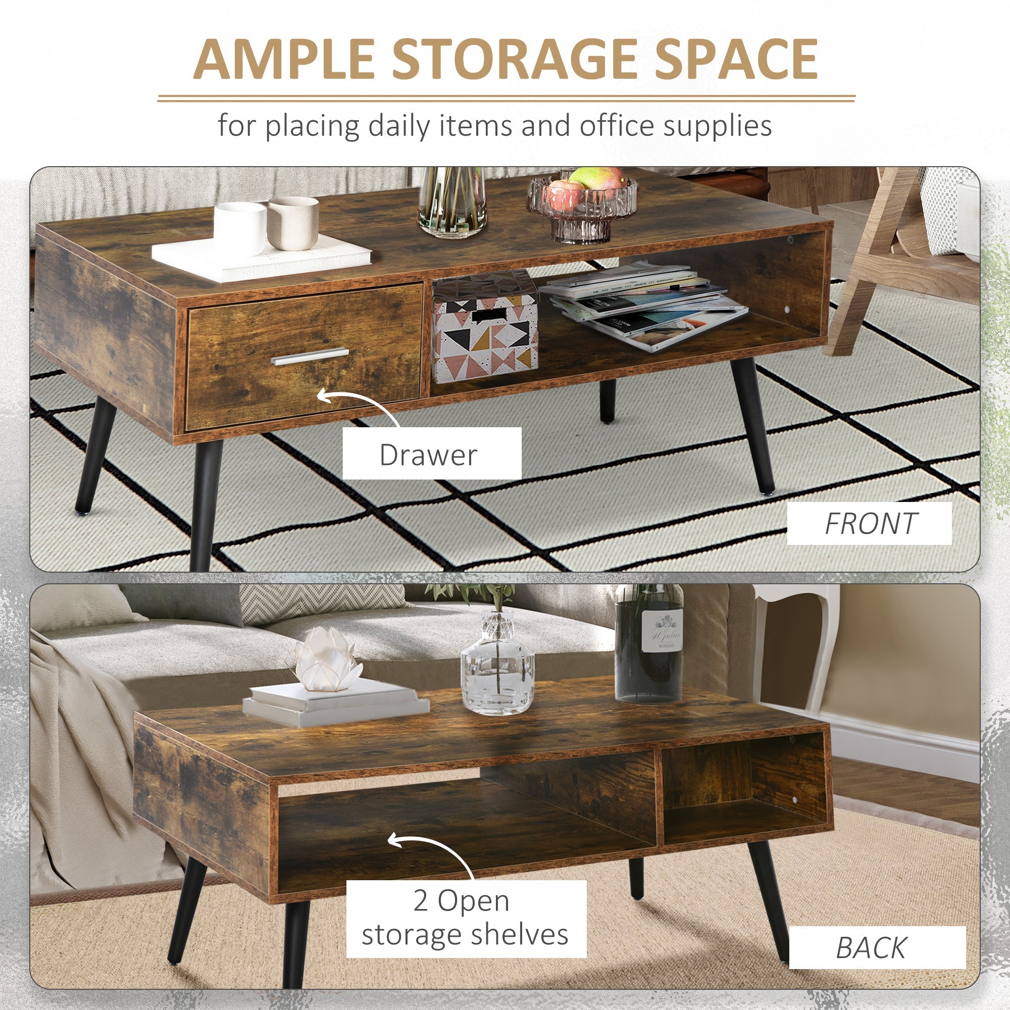 HOMCOM Rustic Brown Retro Coffee Table: Vintage Wooden Center Table with Storage Shelf and Drawer for Living Room