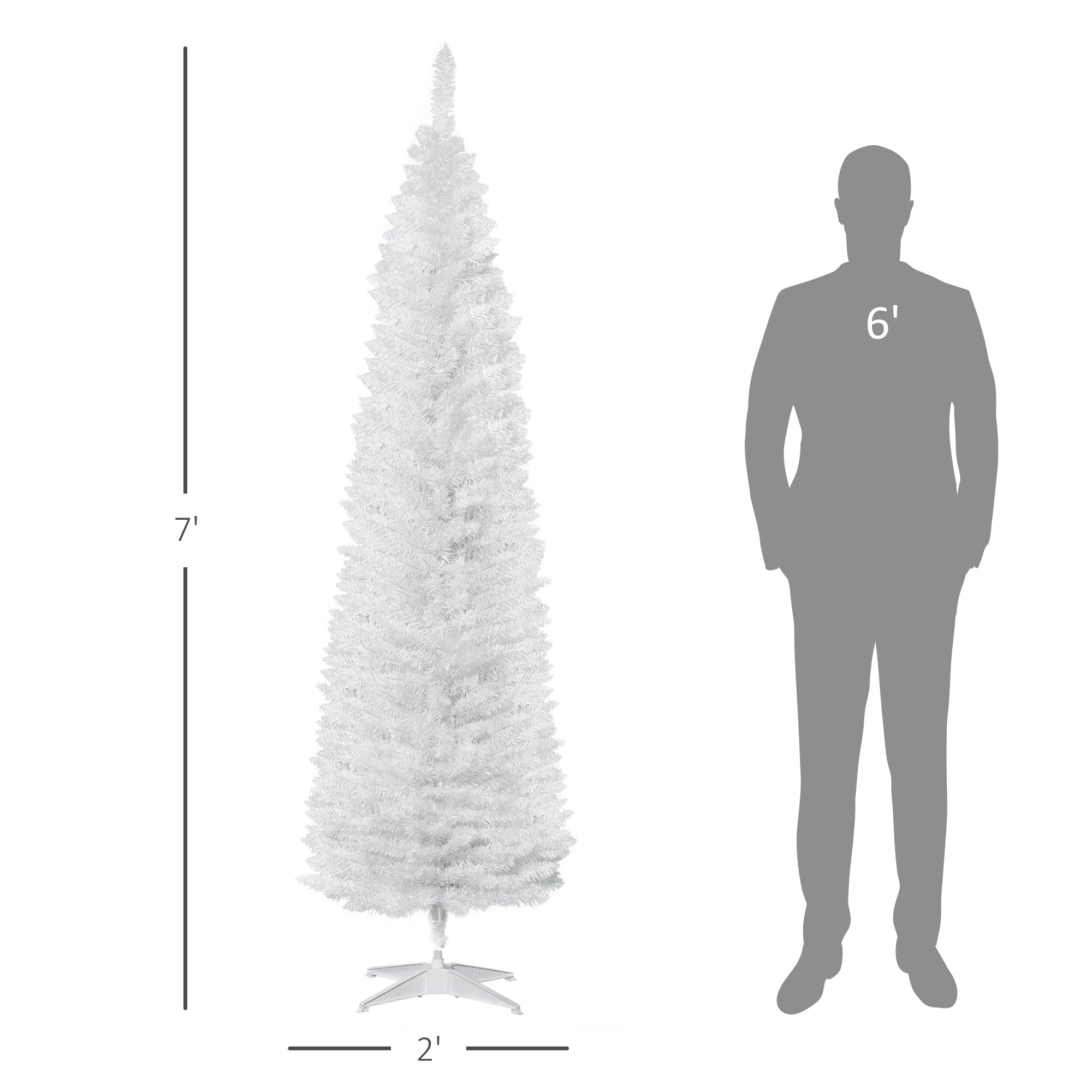 HOMCOM 7' Pencil Christmas Tree, Slim Artificial Xmas Tree with Realistic Branches, Sturdy Metal Stand, White