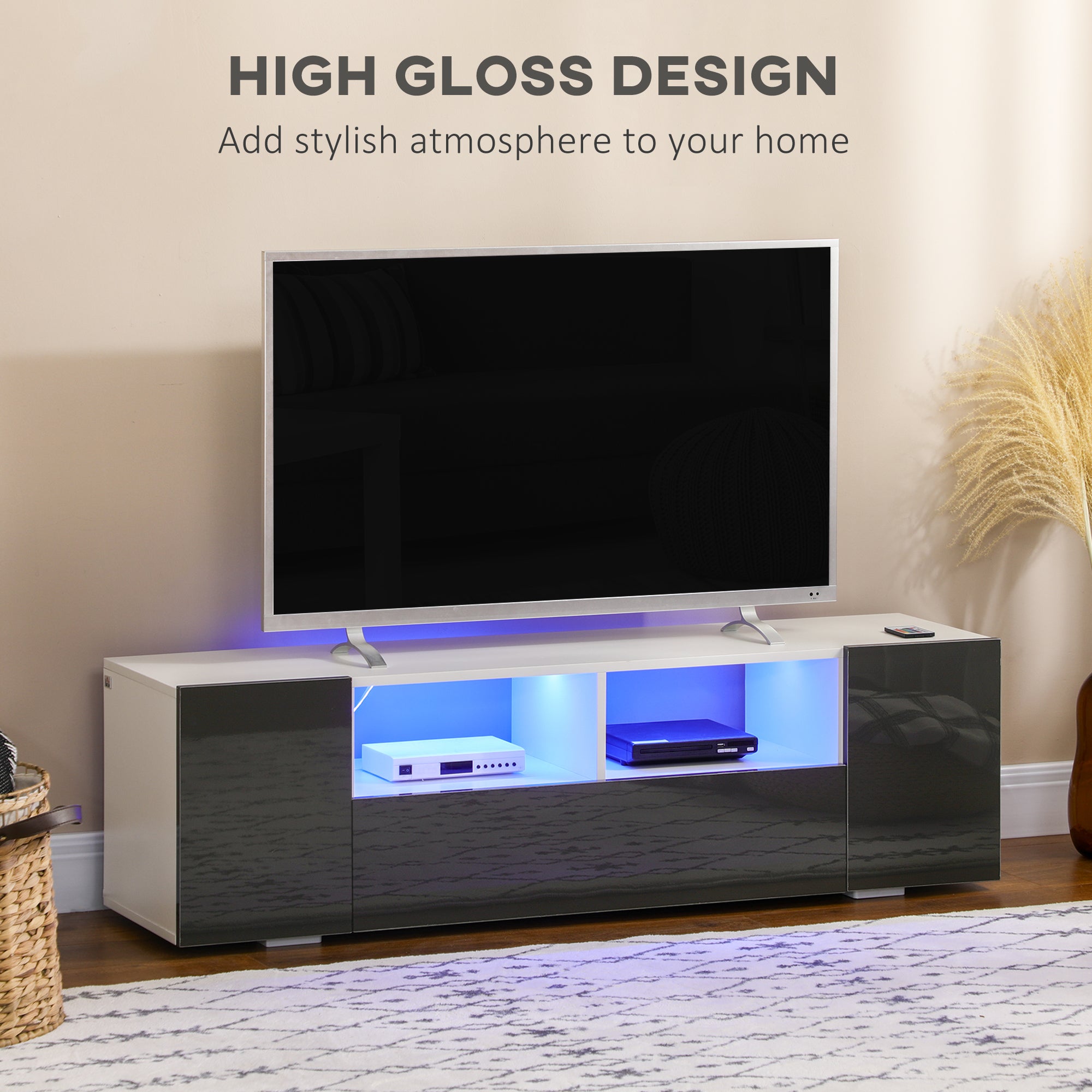 HOMCOM TV Unit for 60 Inch TVs LED Lights Storage Shelves Modern Grey Spacious Living Room Furniture