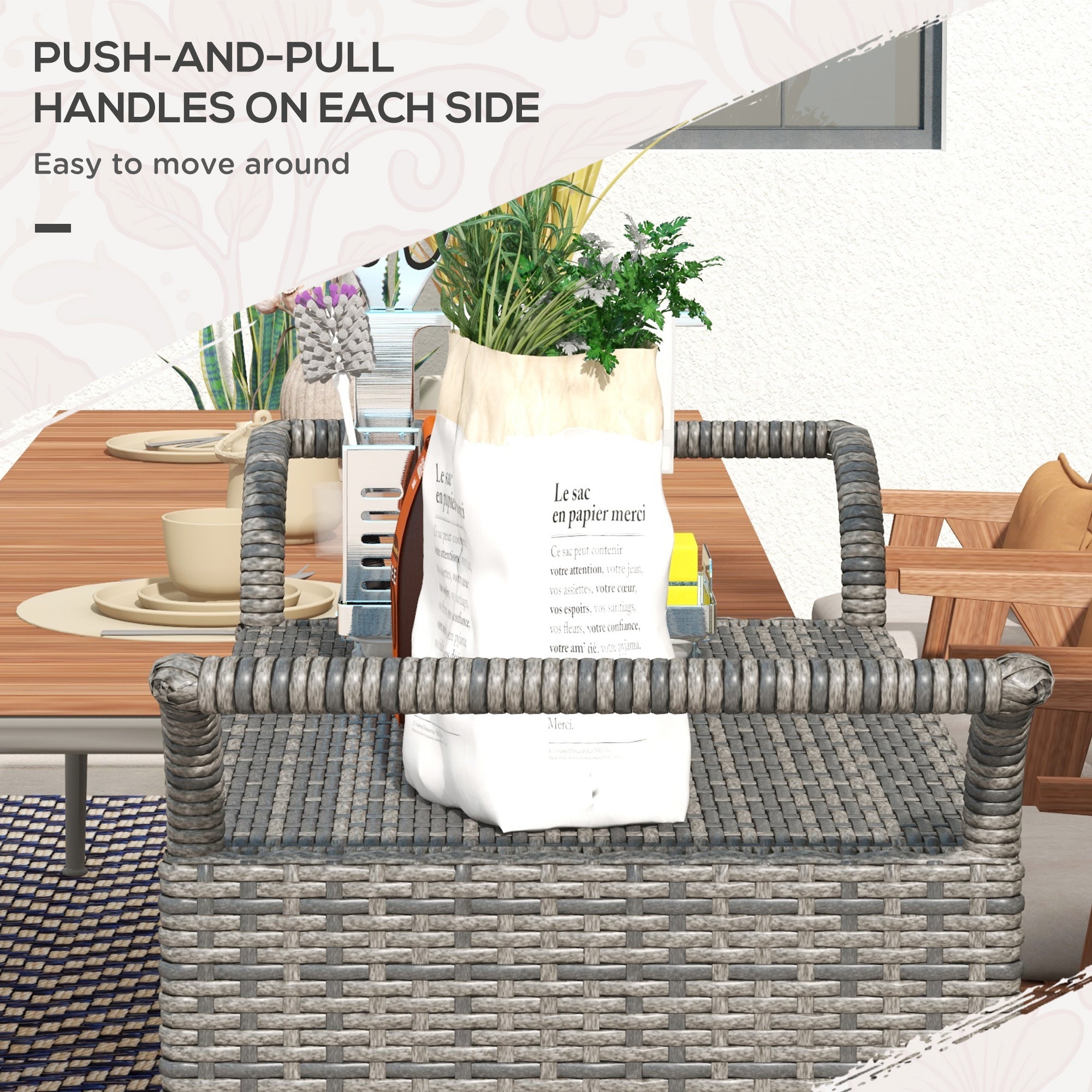 Outsunny Patio PE Wicker Garden Serving Cart 2-Tier Shelf Wheeled Rattan Food Cart with Handles for Poolside Grey