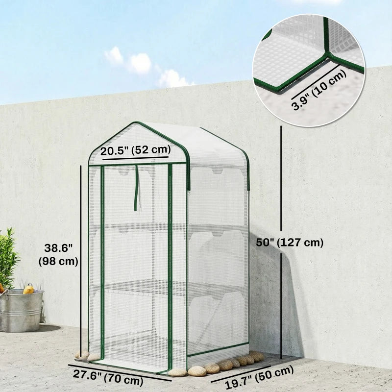 Mini Greenhouse with Screen Roof, Portable Small Greenhouse with Roll-Up Zipper Door, 27.6" x 19.7" x 50", White