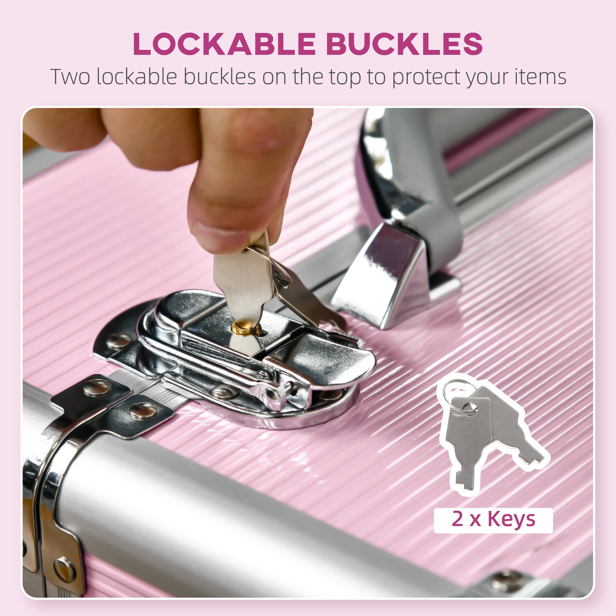 HOMCOM Large Cosmetic Trolley Rolling Makeup Train Case Storage Lockable Cart Pink with Folding Trays Swivel Wheels