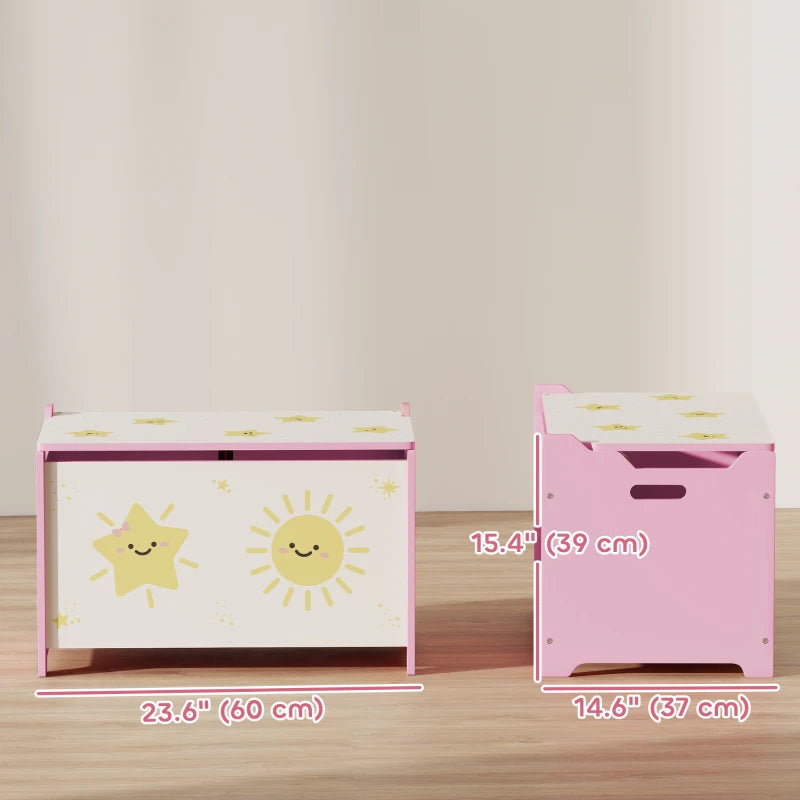 Qaba Toy Chest, Kids Storage Chest with Lid, Safety Hinges and Groove Handles for Boys, Girls, Pink