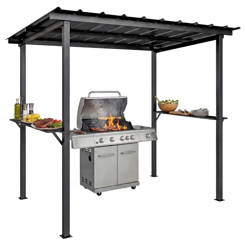 9' x 6' Hardtop Grill Gazebo, BBQ Gazebo with 2 Side Shelves and Galvanized Metal Slope Roof, Black