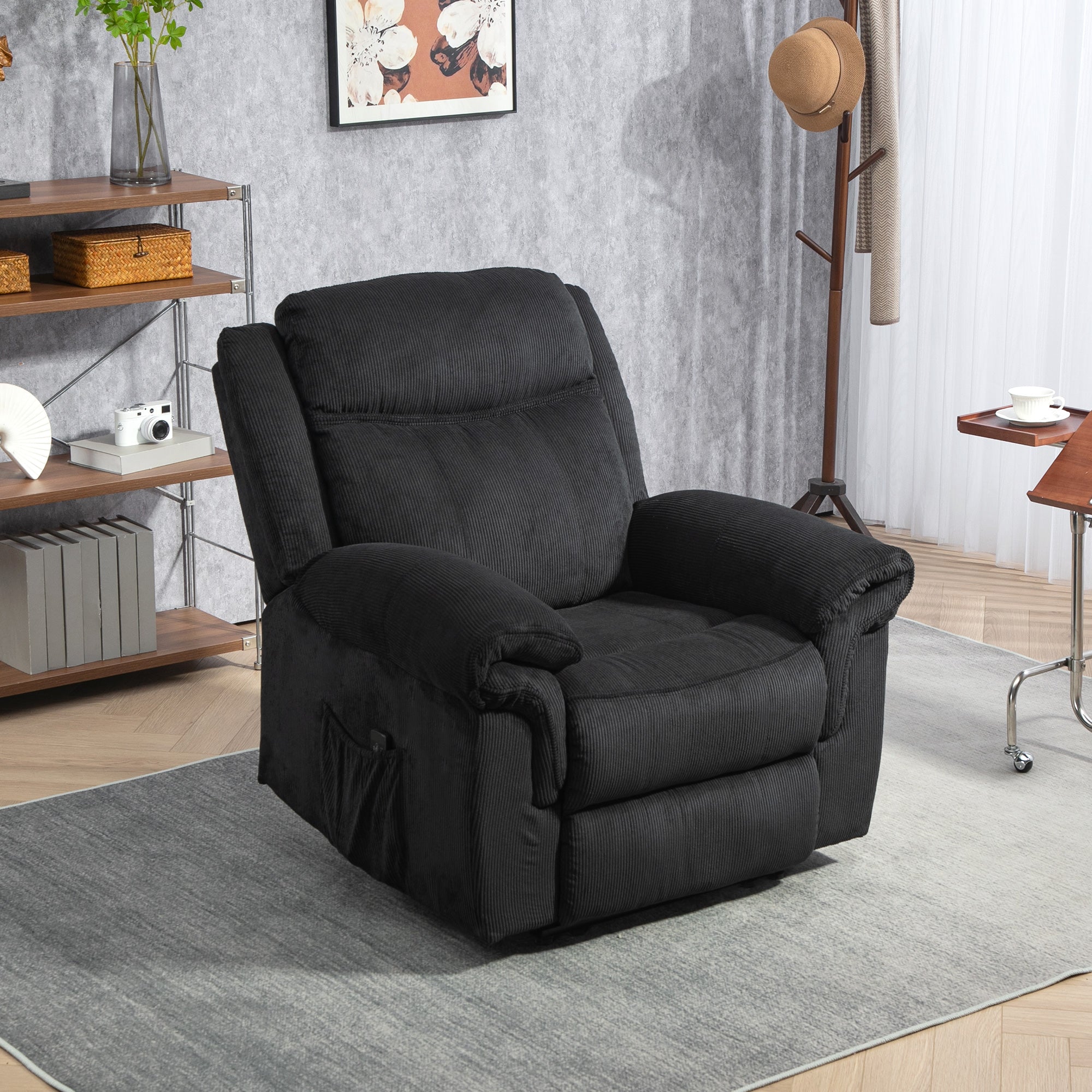 HOMCOM Manual Recliner Chair with Vibration Massage, Side Pockets, Corduroy Reclining Chair for Living Room, Black