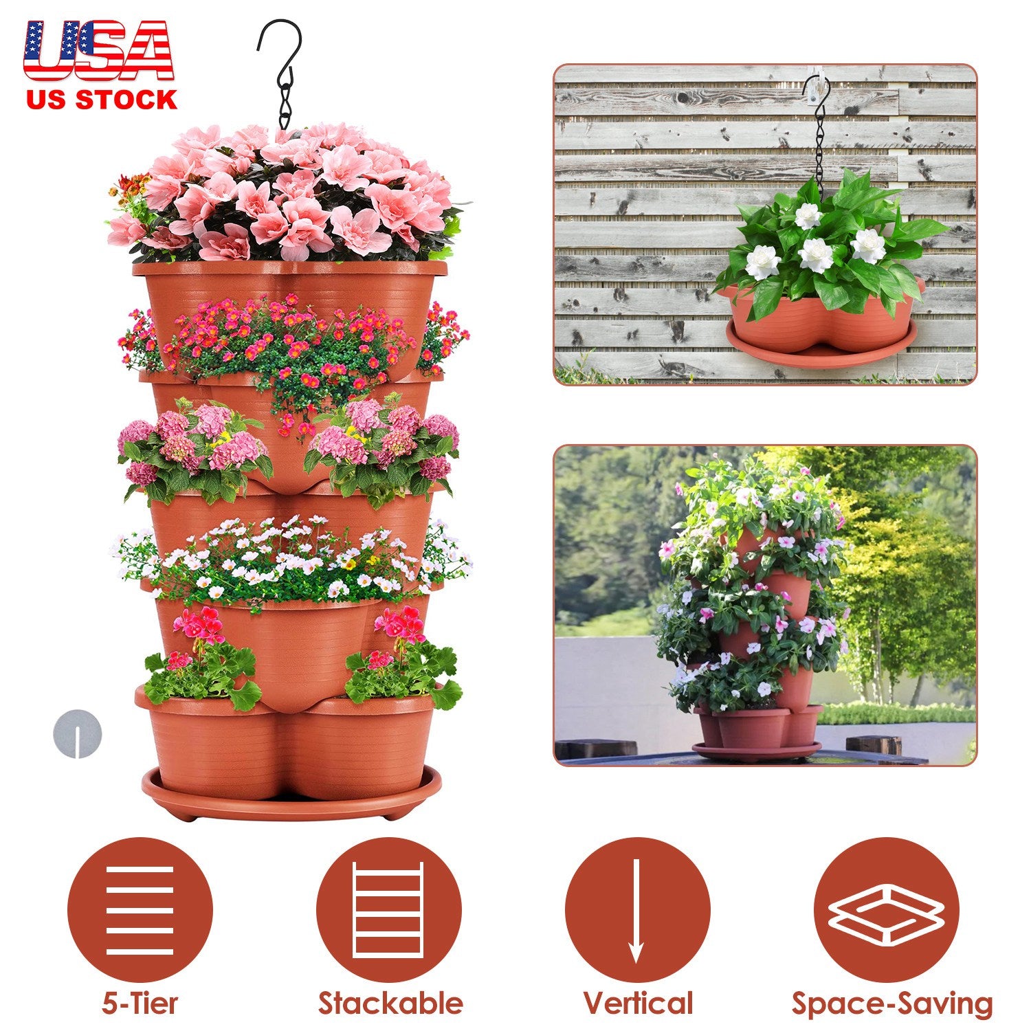 5 Tier Vertical Stackable Planter Garden Tower Stackable Planter Outdoor Gardening Pots for Strawberries Flowers Herbs Vegetables