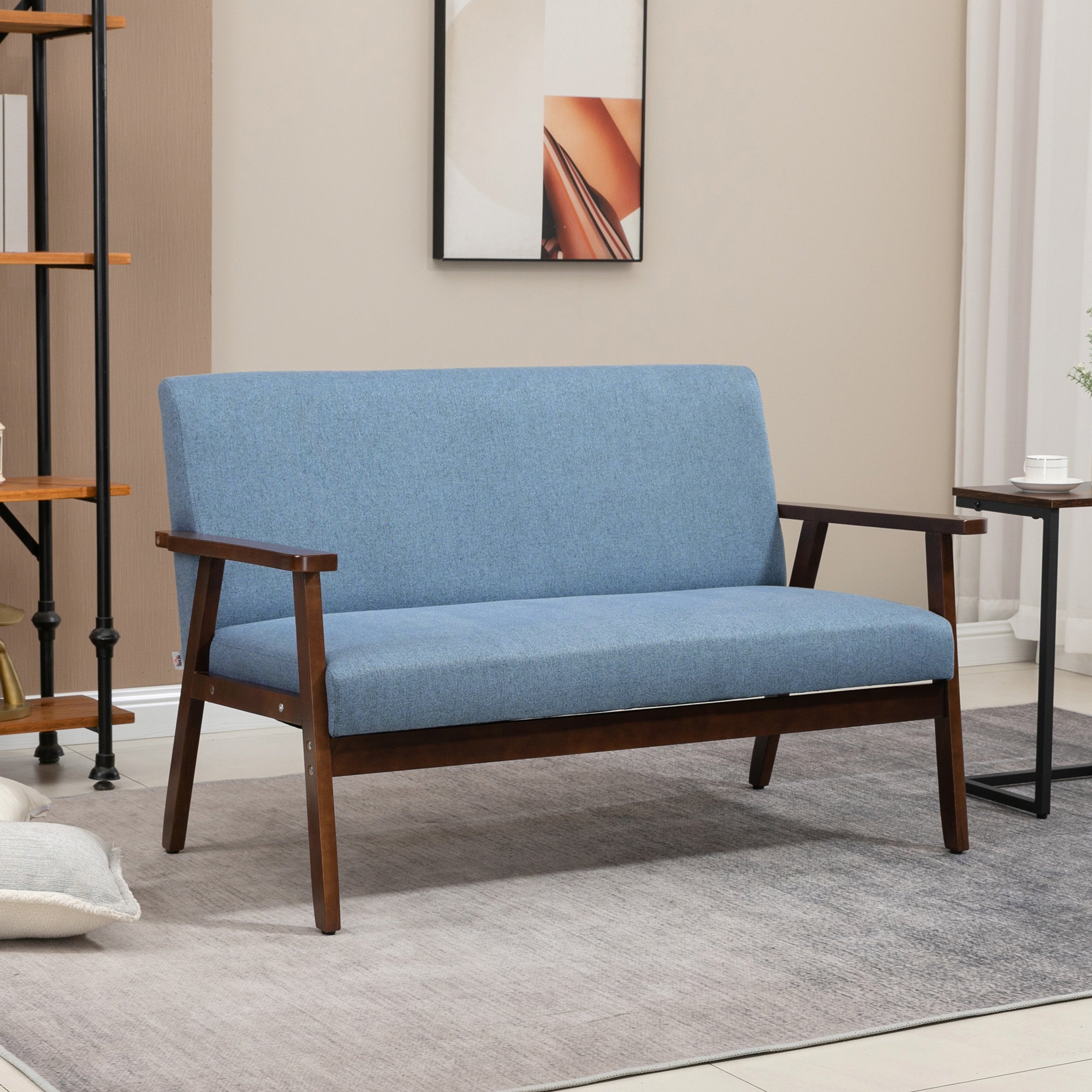 HOMCOM Compact Linen Loveseat Sofa: Double Seat with Rubber Wood Frame, Blue