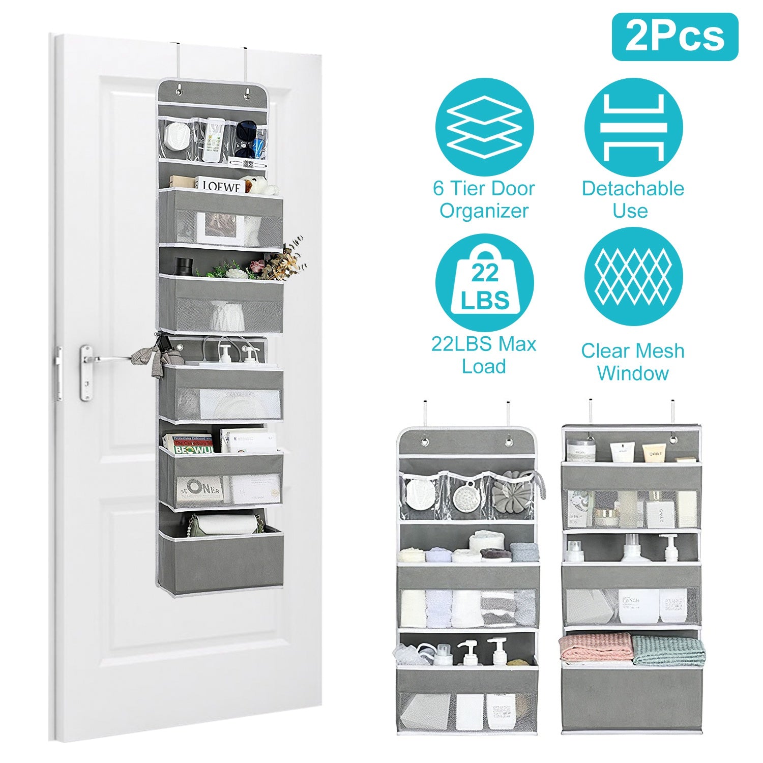 2Pcs Over The Door Organizer 6 Tier Hanging Basket Detachable Behind Door Hanging Pantry Tilt-Resistant for Bathroom Bedroom