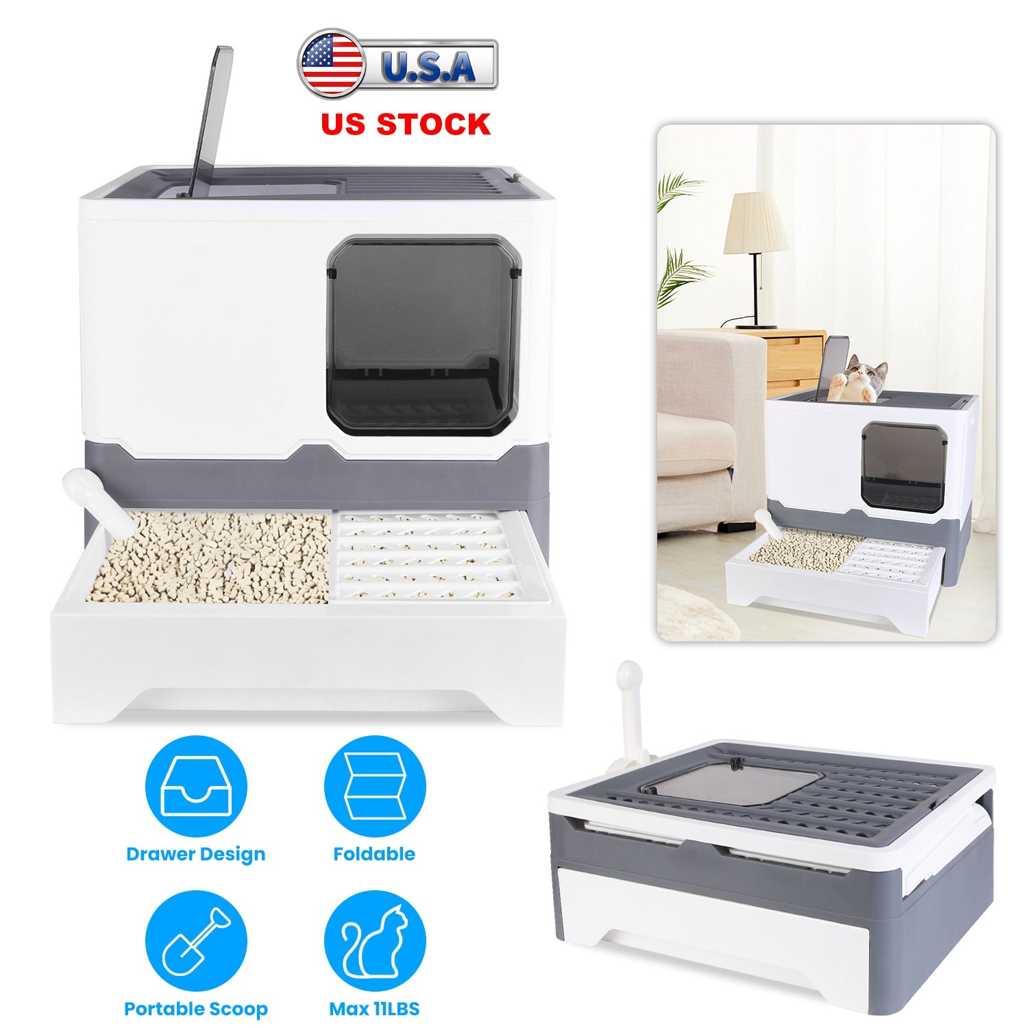 Foldable Cat Litter Box with Lid Enclosed Kitty Litter Box Anti Splashing Cat Toilet Tray with Litter Scoop