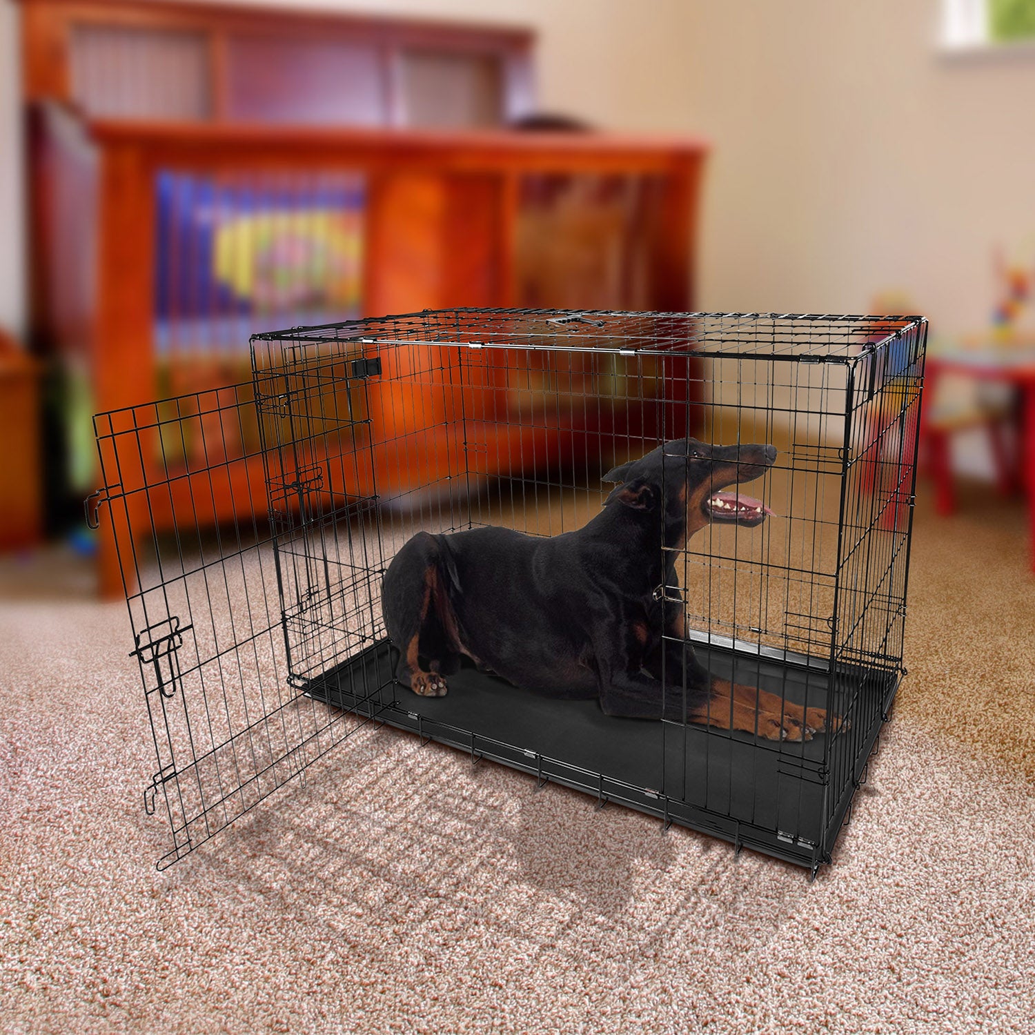 42inches Dogs Crate Folding Metal Pets Crates Double Door Puppy Cage Easy Set Up