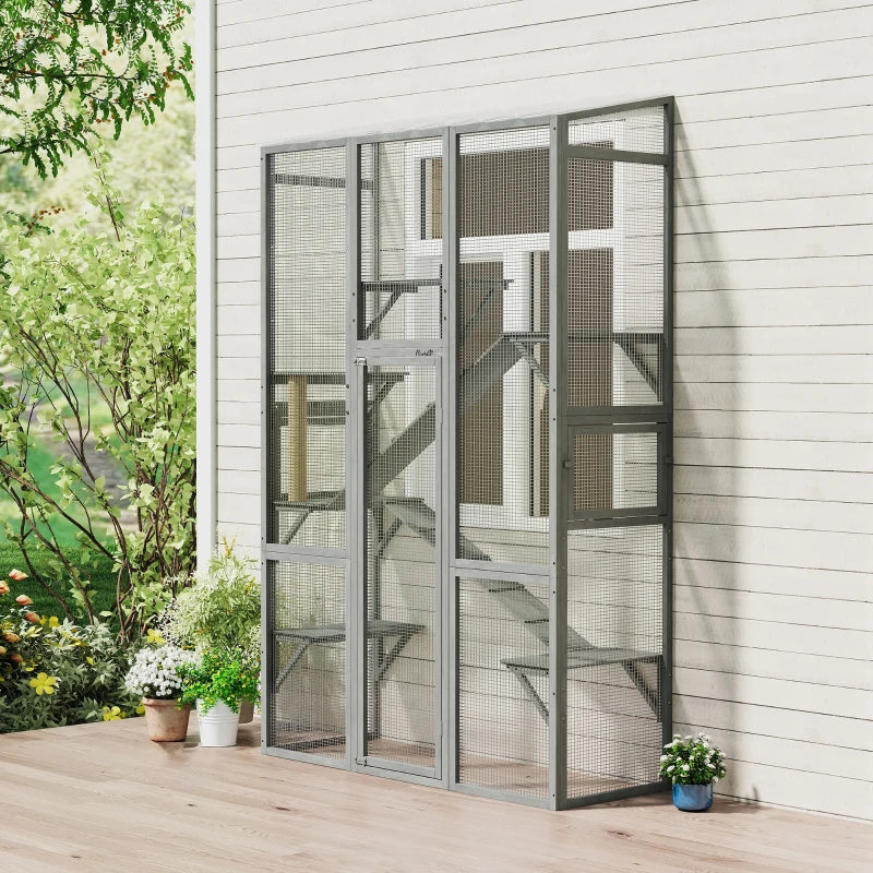 Wooden Catio Outdoor Cat Enclosure with 6 Jumping Platforms, Scratching Post, 2 Ramps, Waterproof Roof, Grey