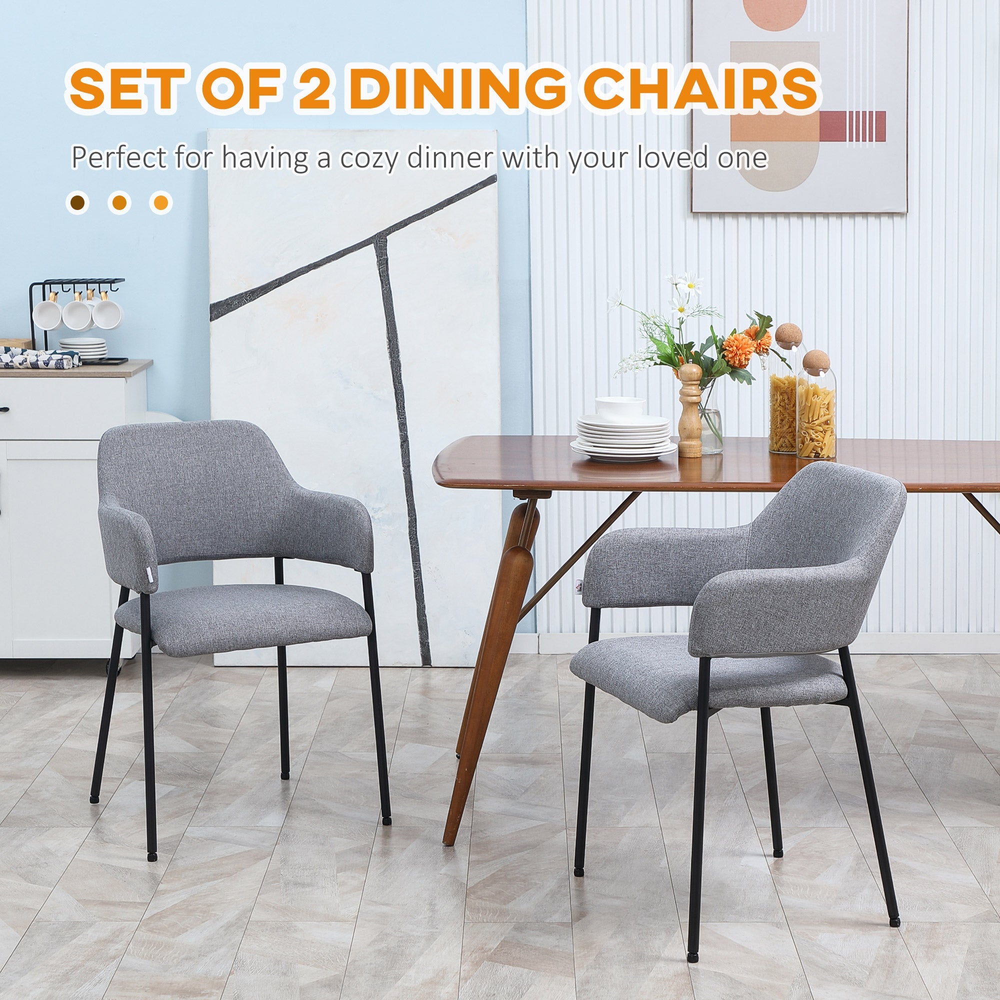 HOMCOM Modern Dining Chairs Set of 2 Linen Touch Fabric Accent Chairs with Armrests Steel Legs for Kitchen Stylish Comfortable Seating