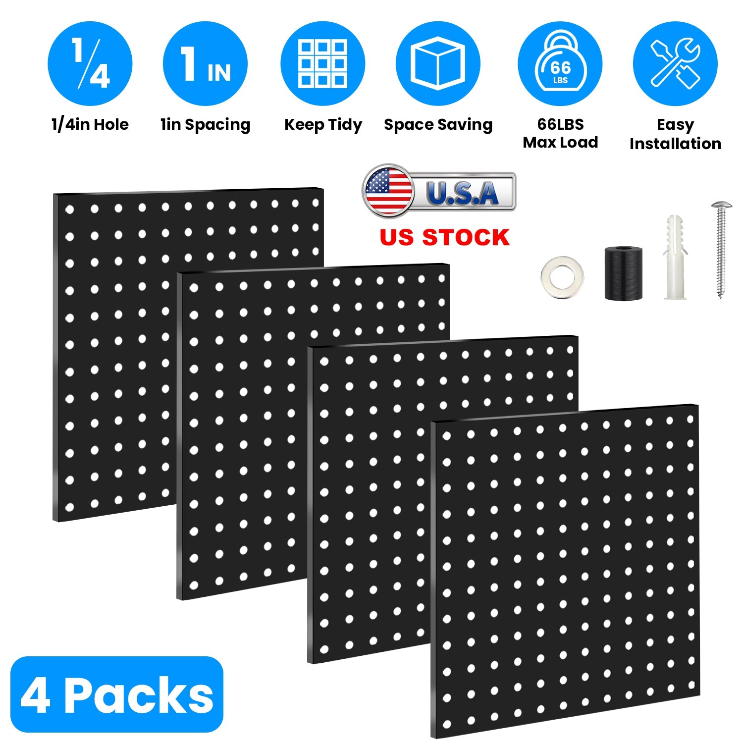 4 Packs Metal Pegboards Black Peg Boards Wall Organizer Panel Board Storage Hanger Tool with 1” Spacing 1/4” Hole for Office Garage Basement Craft Roo