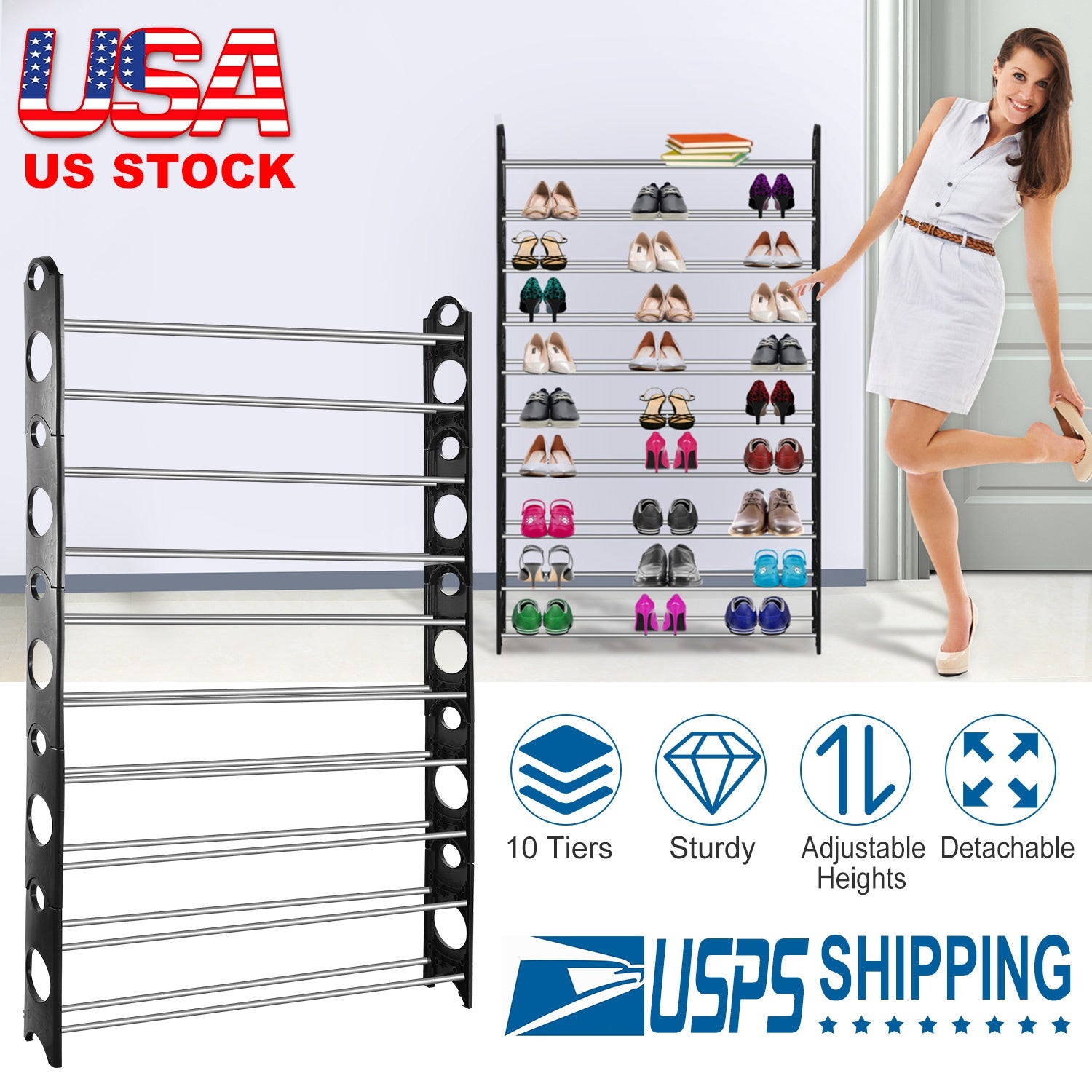 50-Pair Shoe Rack Storage Organizer 10-Tier Portable Wardrobe Tower Stackable Adjustable Shelf for Closet Cabinet Entryway