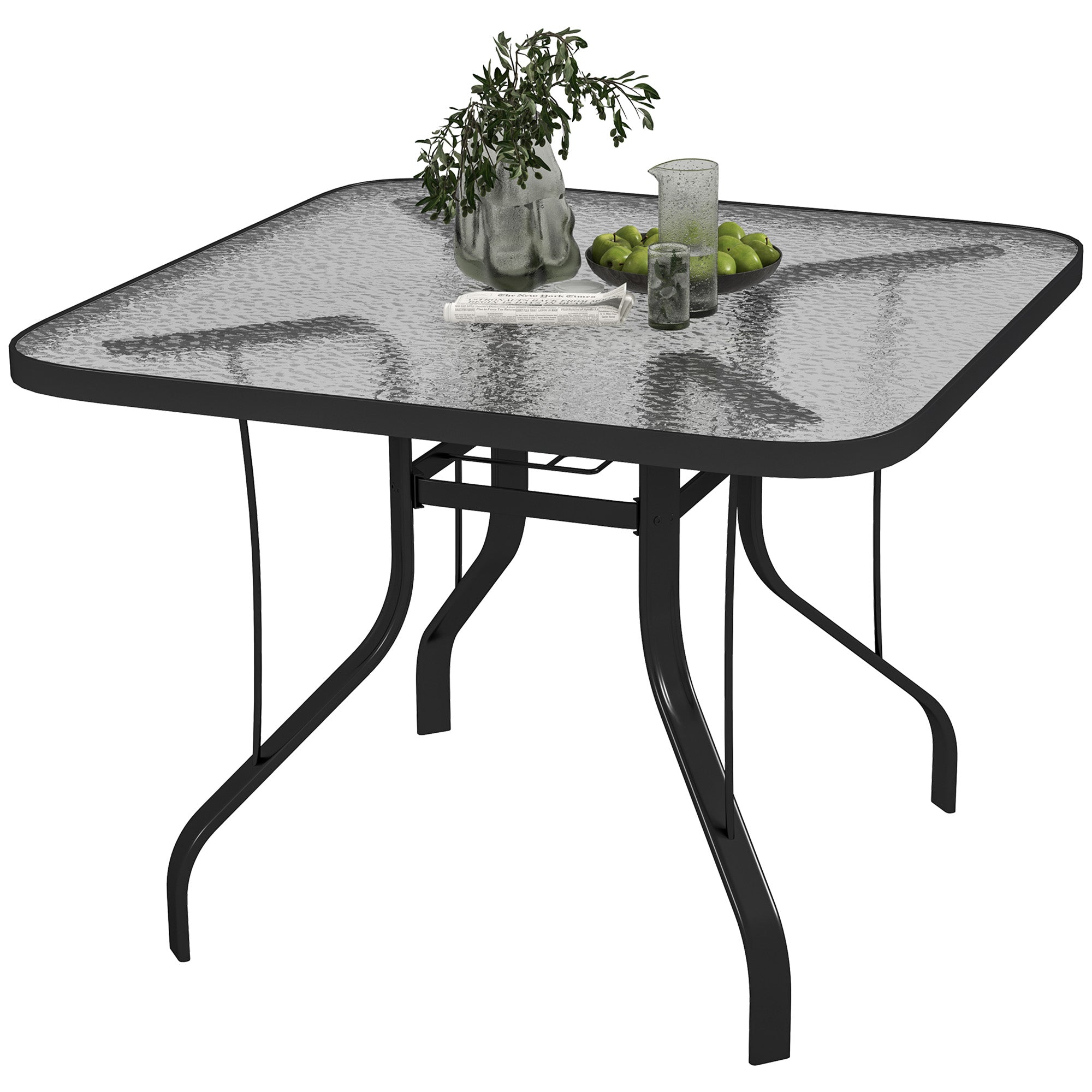 Outsunny Tempered Glass Square Patio Dining Table w/ 2.1" Umbrella Hole for Garden, Balcony, Backyard, 38" x 38" x 28"