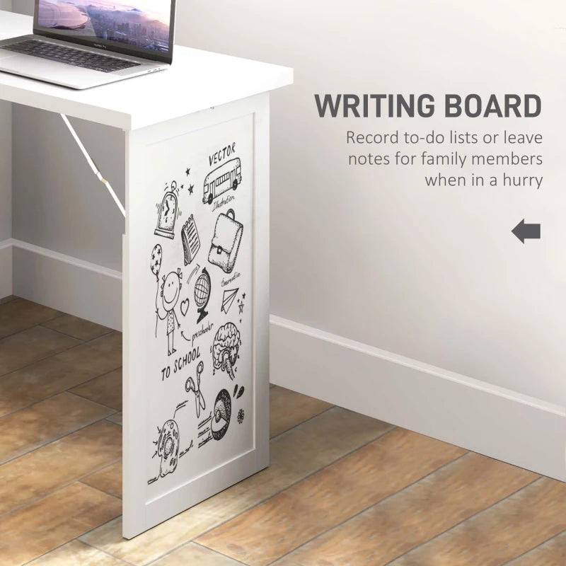 Fold-out Convertible Office Desk, Wall Mount Computer Desk with Whiteboard and Side Shelf, White
