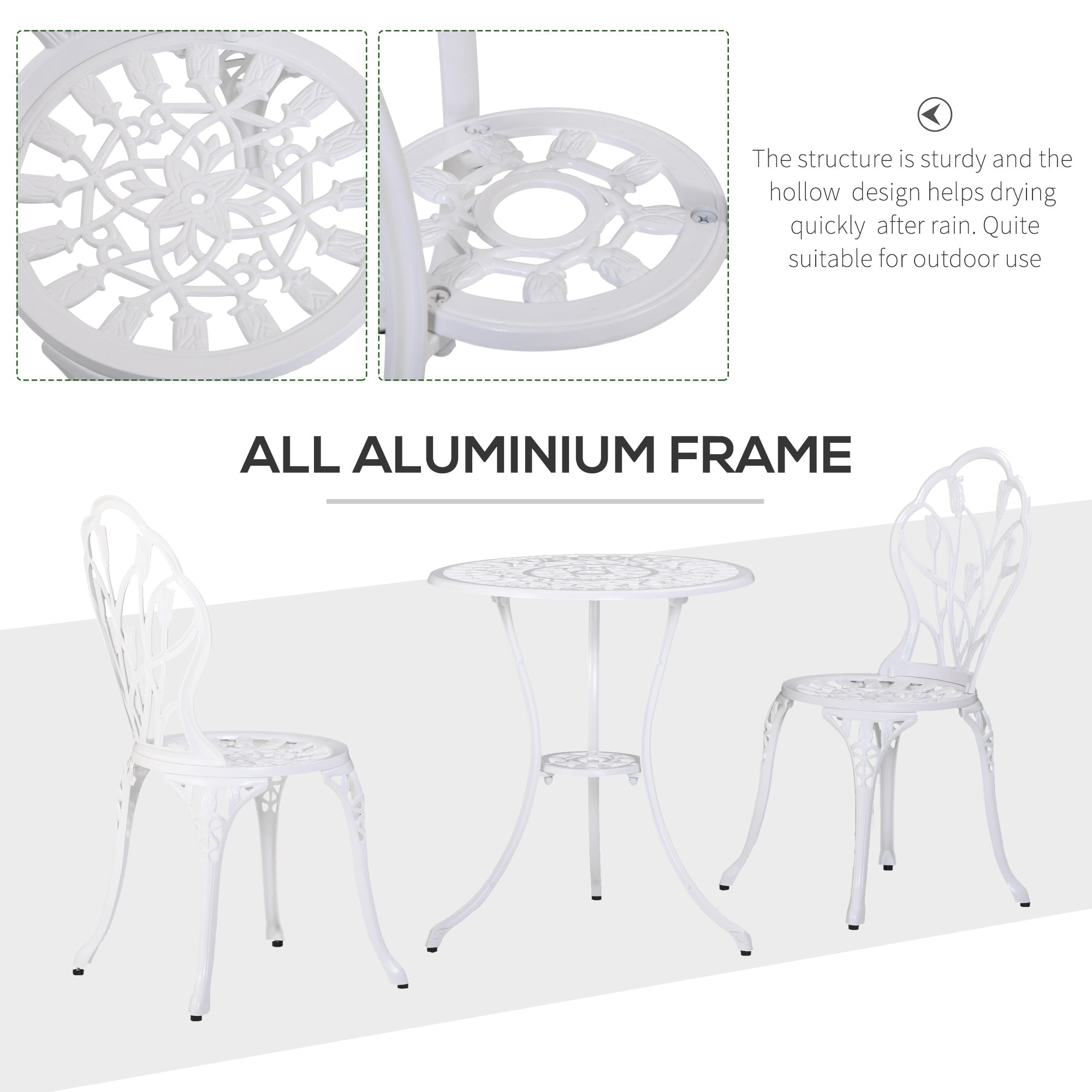 Outsunny 3-Piece Cast Aluminum Patio Bistro Set, Outdoor Table and Chairs with Umbrella Hole, Elegant Design, White