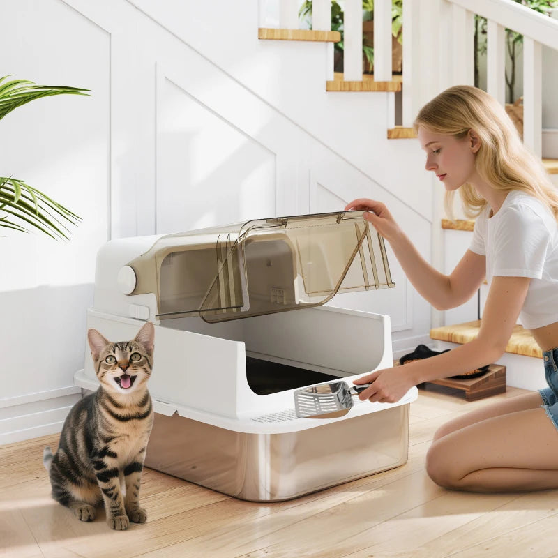 Stainless Steel Cat Litter Box, Easy-Clean Enclosure with Scoop & Flip Lid, 27.6" L x 19.7" W x 18.3" H, White